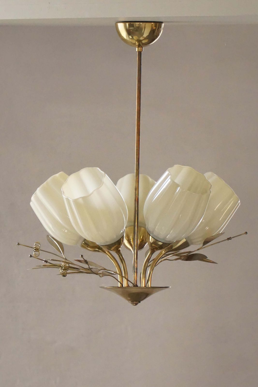 Mid Century Modern, Five Light Ceiling Lamp, Opaline Glass Shades, Itsu, Finland photo vinterior