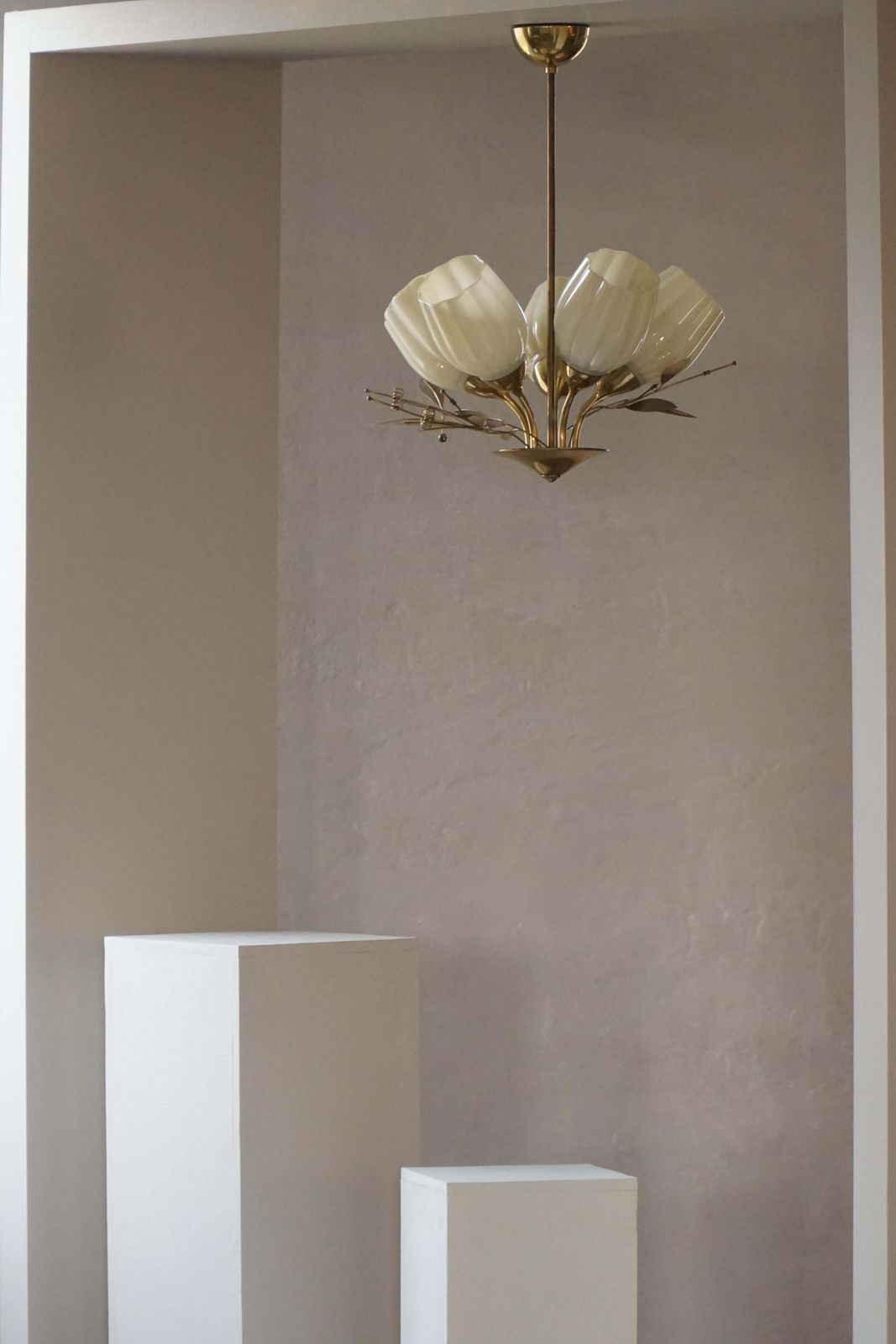 photo buy Mid Century Modern, Five Light Ceiling Lamp, Opaline Glass Shades, Itsu, Finland