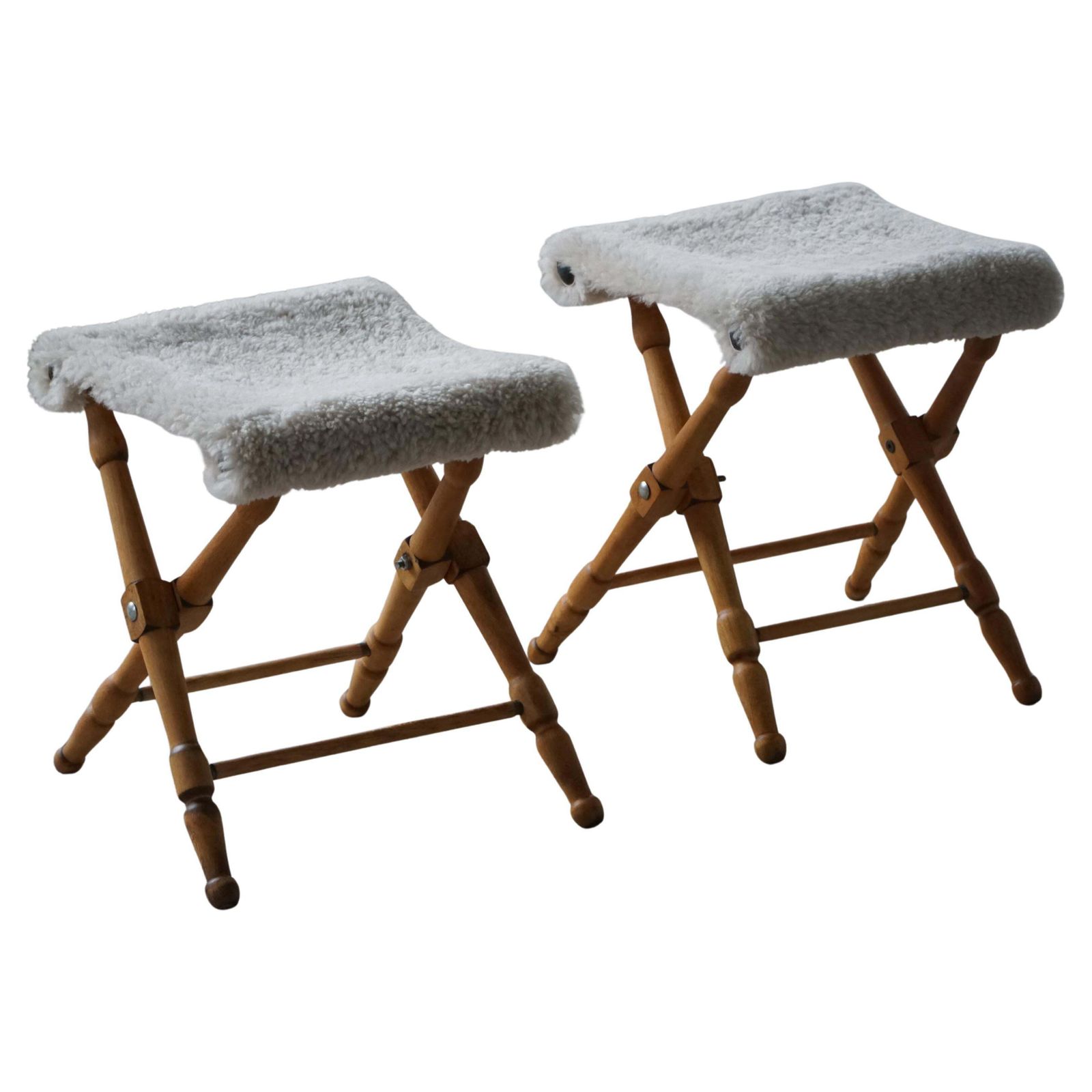Pair Of Danish Mid Century Modern Folding Stools With Sheepskin Upholstery, 1960