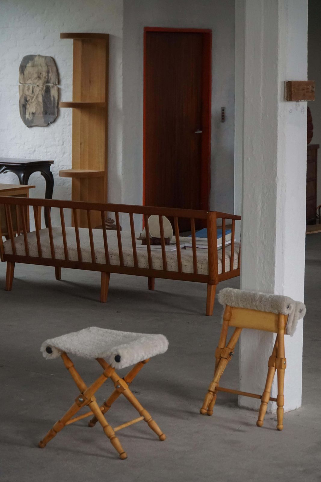 Furniture Pair Of Danish Mid Century Modern Folding Stools With Sheepskin Upholstery, 1960 photo