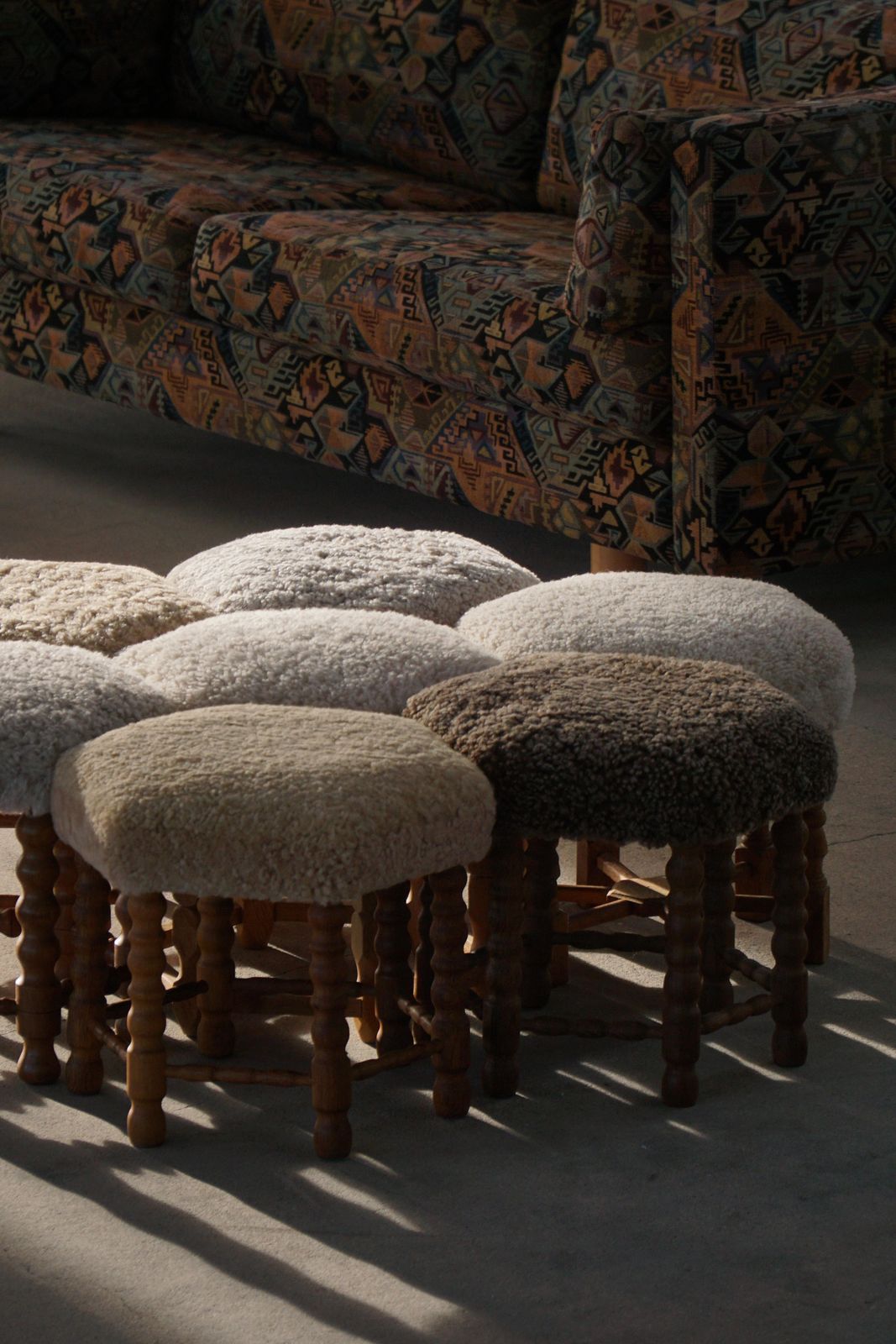 Mid Century Danish Hexagonal Oak Stool With Shearling Lambswool Upholstery, 1950 photo 507.0