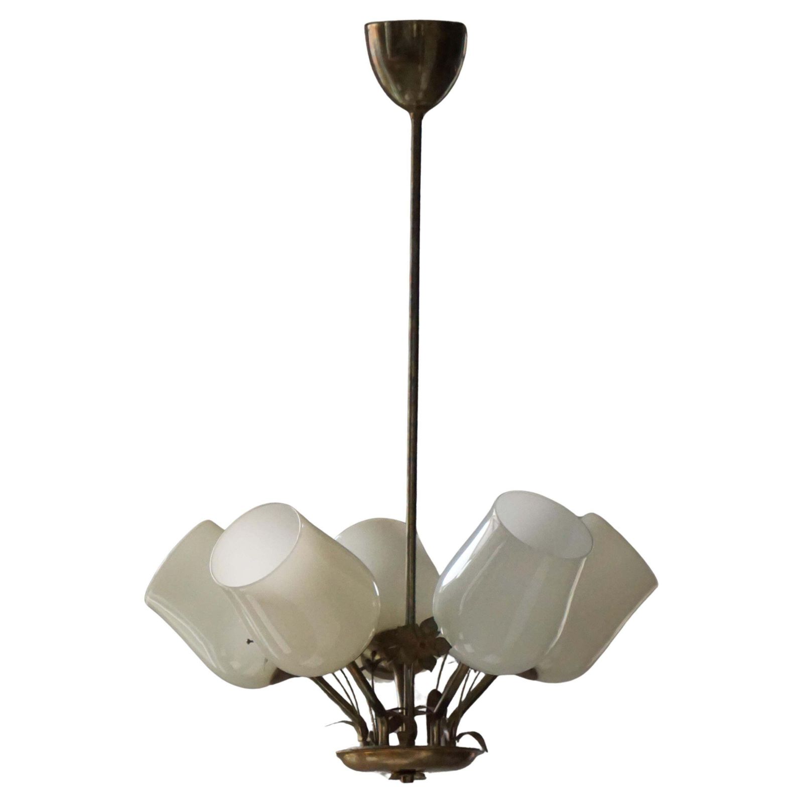 5 Arm Chandelier In Brass & Glass By Paavo Tynell For Idman Oy Finland, 1940s