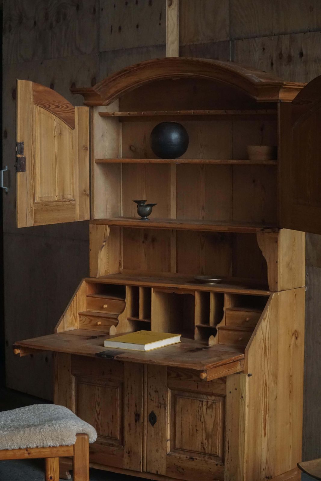 Antique Danish Pine Drop Front Secretary With Upper Cabinet, Mid 19th Century photo for sale