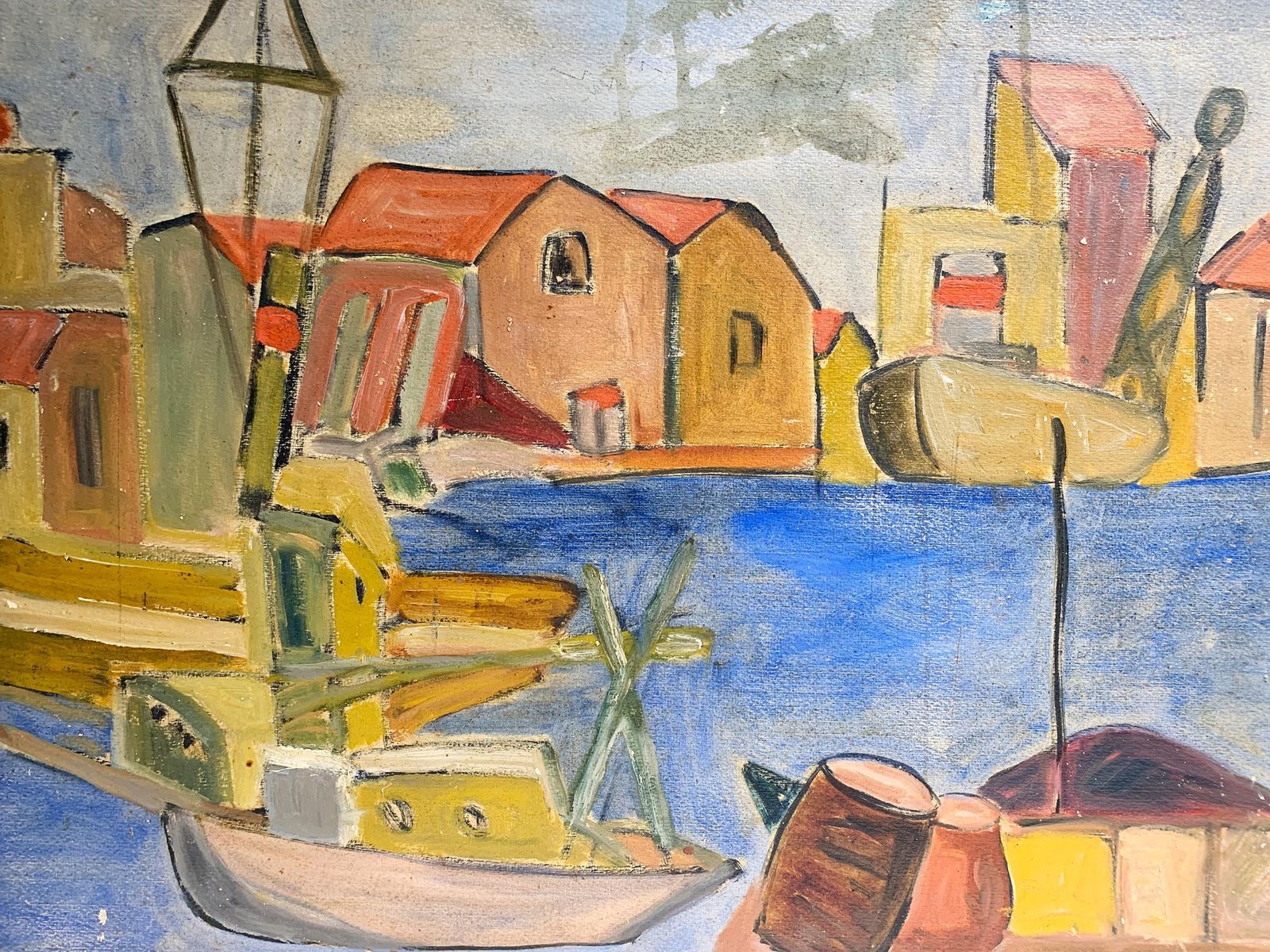 Mid Century French School Impressionist Harbor Scene Painting Signed "H. Michel" photo vintage