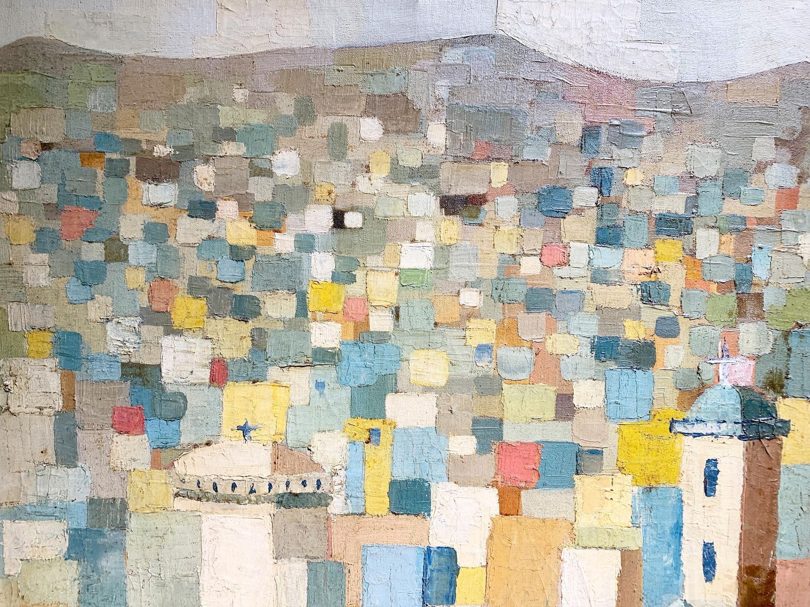Mid Century Modern Landscape Of A Mediterranean Hillside City Painting, Signed photo buy