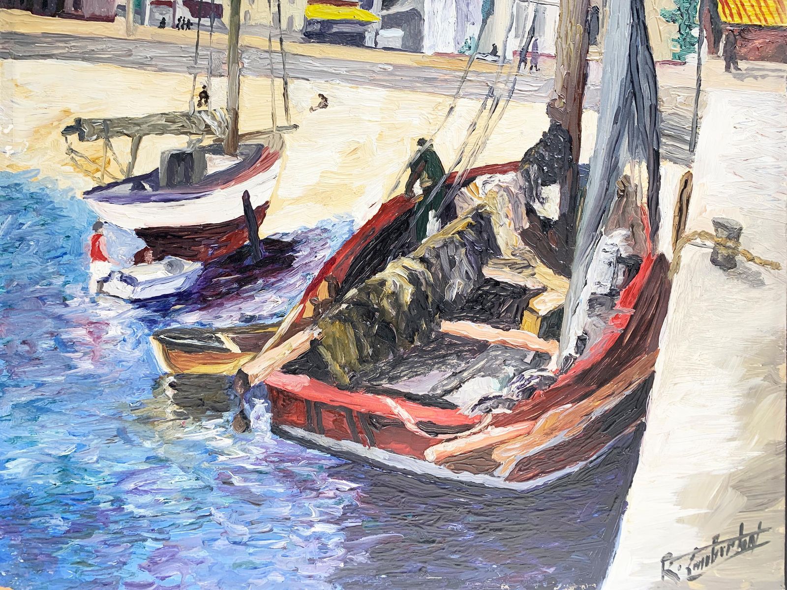 Mid 20th Century French Impressionist Style Harbor Scene Painting, Signed photo vintage