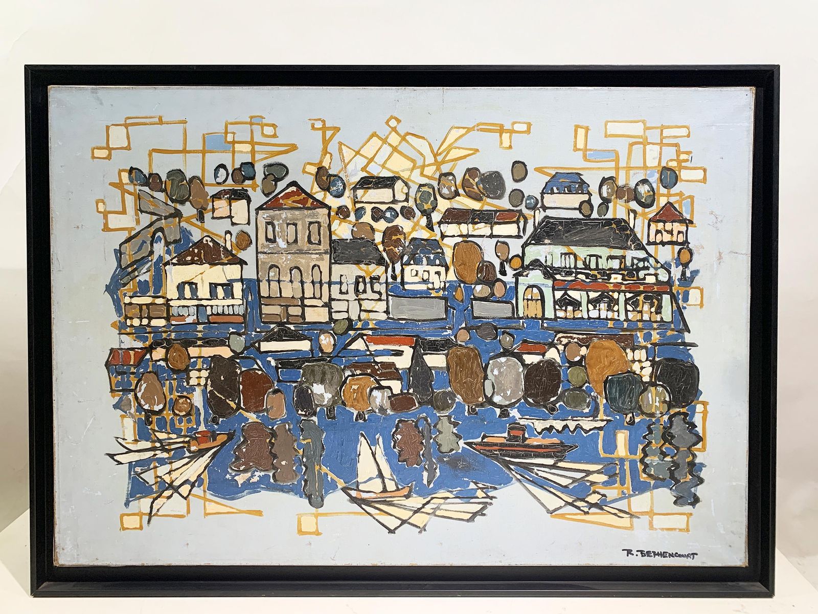 Mediterranean Harbor Scene, Impressionist Painting By R.Bethencourt, Circa 1970 photo furniture