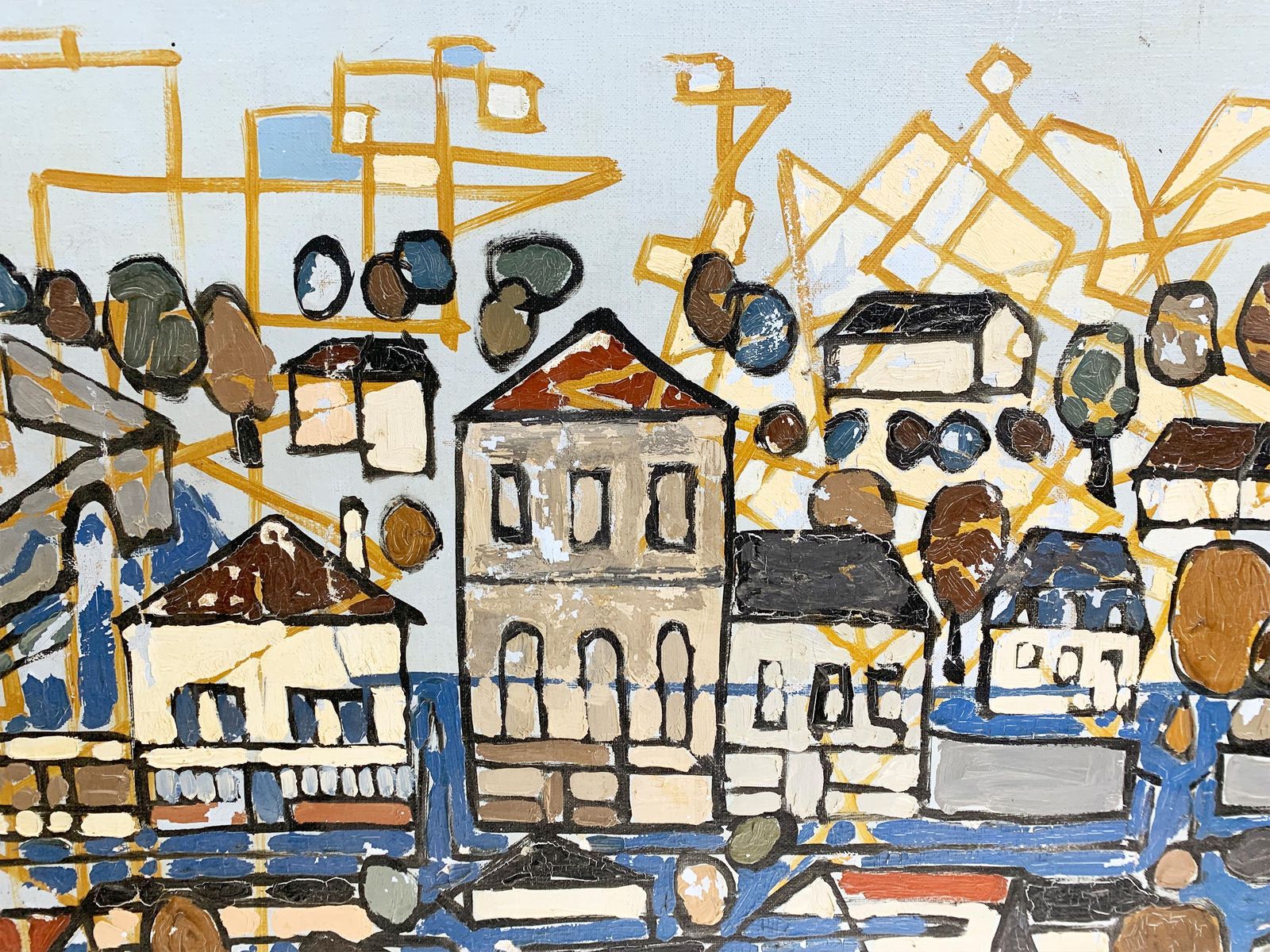 Art Mediterranean Harbor Scene, Impressionist Painting By R.Bethencourt, Circa 1970 photo