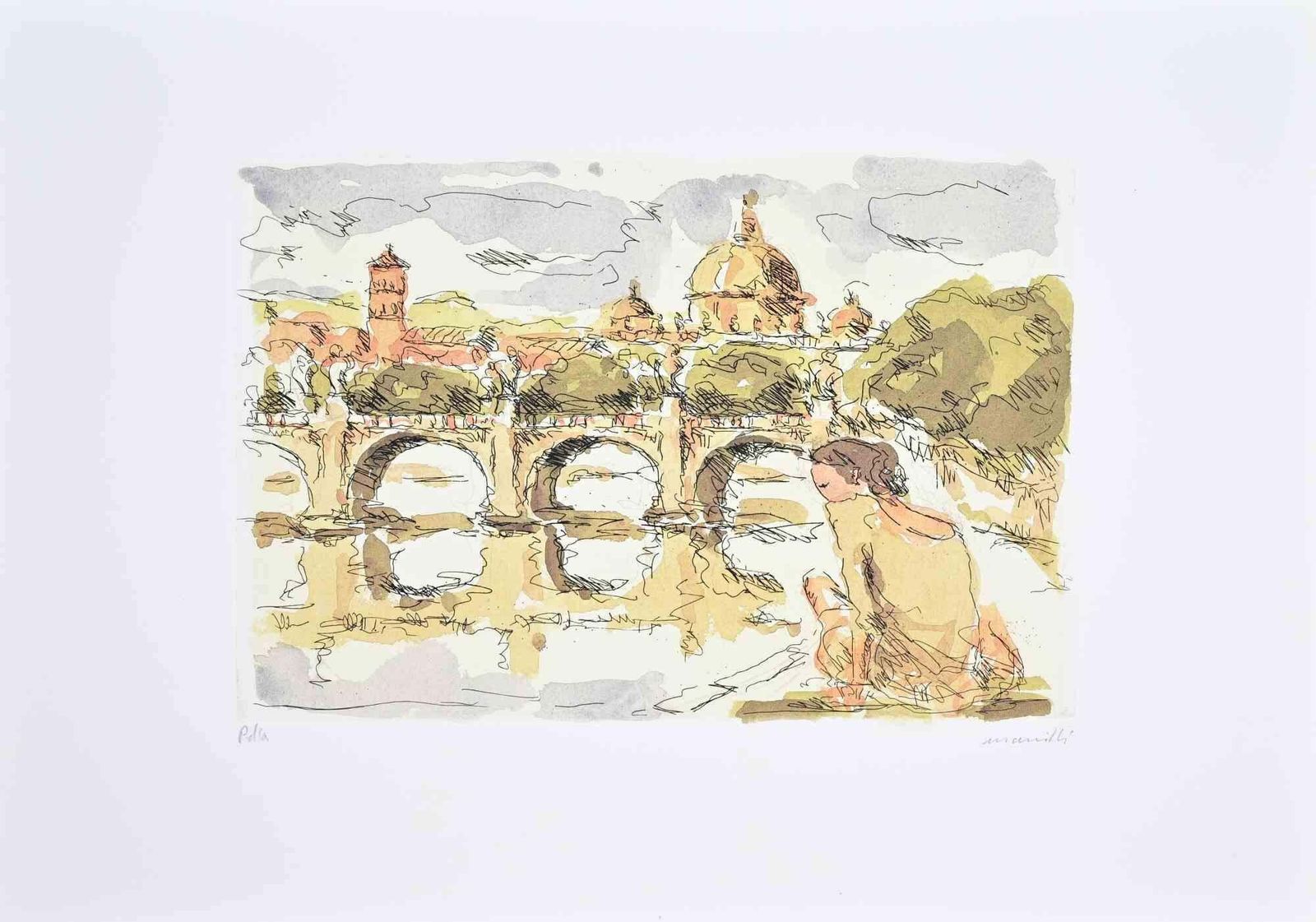 Franco Marzilliview Of Saint Peter (Rome) With Ballerina   Etching By Franco Marzilli   1980s1980s