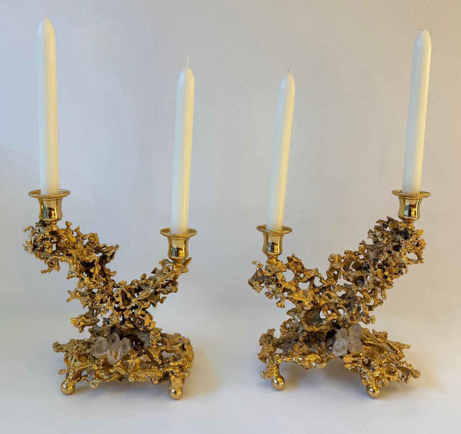 Pair Of Gilt Bronze And Quartz Candlesticks By Boeltz, France, 1970s photo for sale