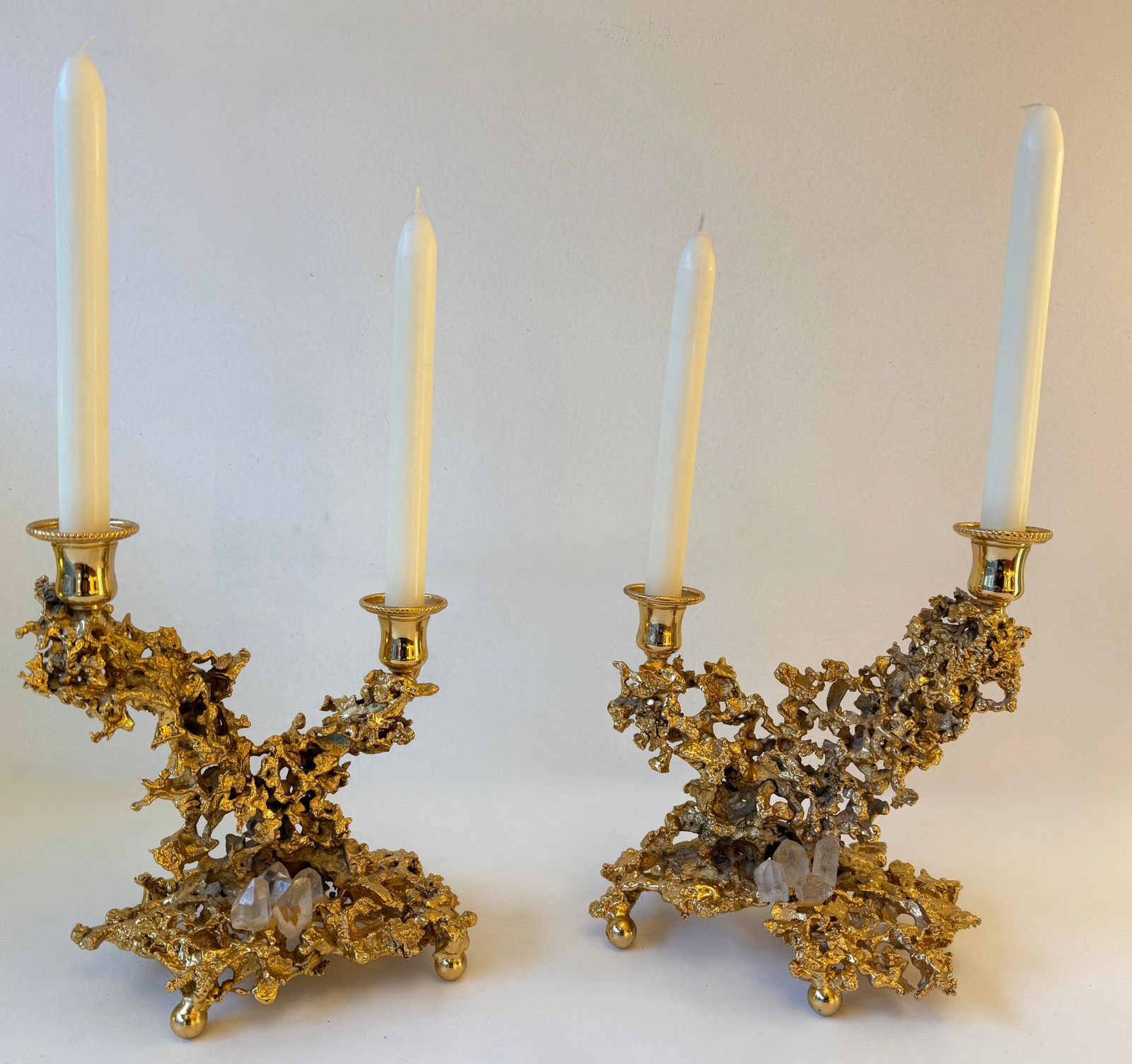 photo furniture Pair Of Gilt Bronze And Quartz Candlesticks By Boeltz, France, 1970s