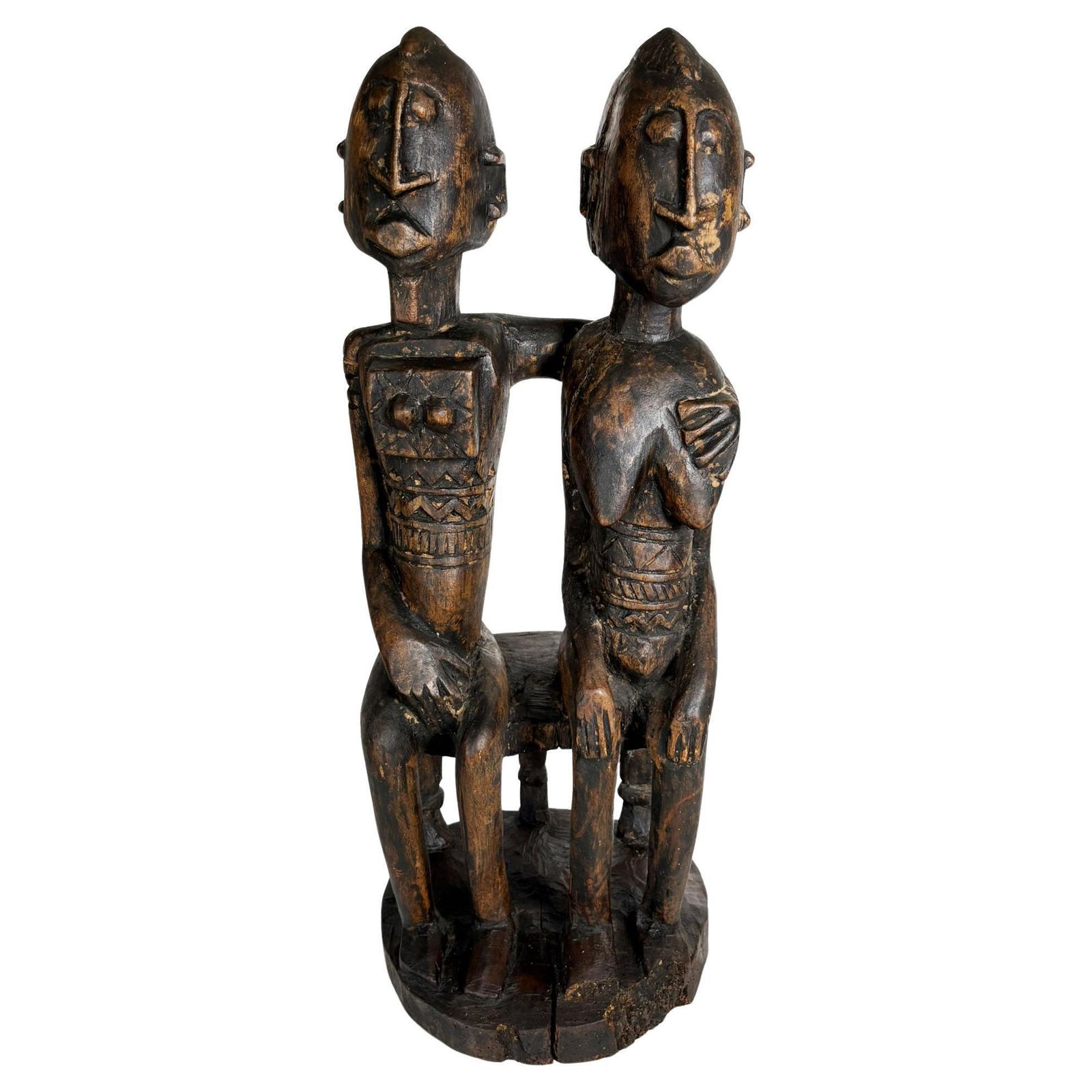 African Couple Sculpture In Patinated Black Wood, 1960, France