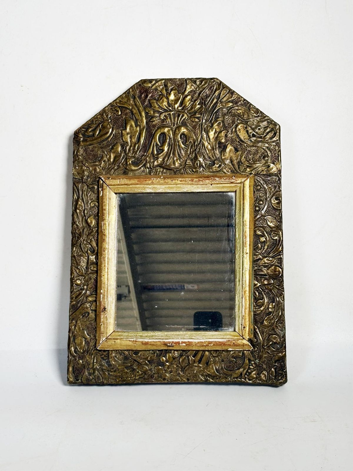 Small Patinated Mirror, Gilded Metal And Wood, France, 1970 photo furniture