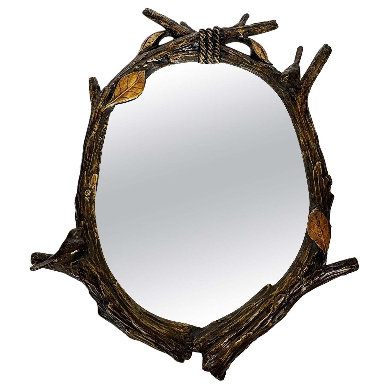 Decorative Mirror With Wooden Branches And Birds, Antique Patina, France, 1970