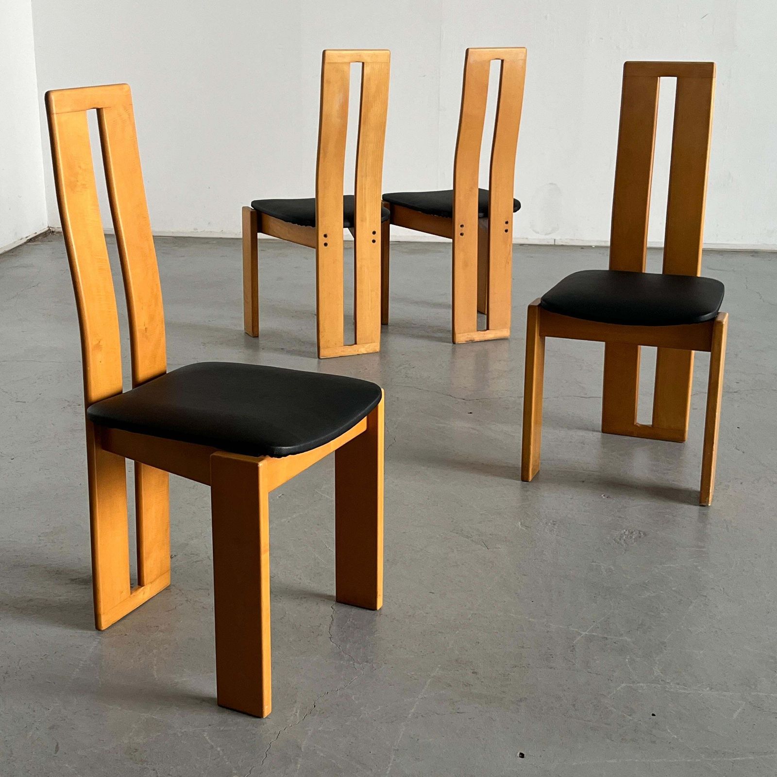 Set Of Four High Back Dining Chairs In Beechwood And Black Faux Leather, 1970s photo for sale