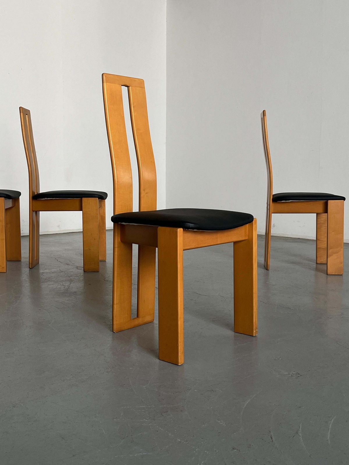 Set Of Four High Back Dining Chairs In Beechwood And Black Faux Leather, 1970s photo 1333.0