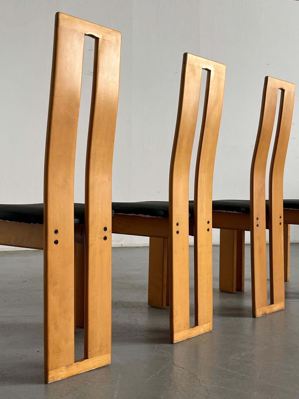 Set Of Four High Back Dining Chairs In Beechwood And Black Faux Leather, 1970s photo buy