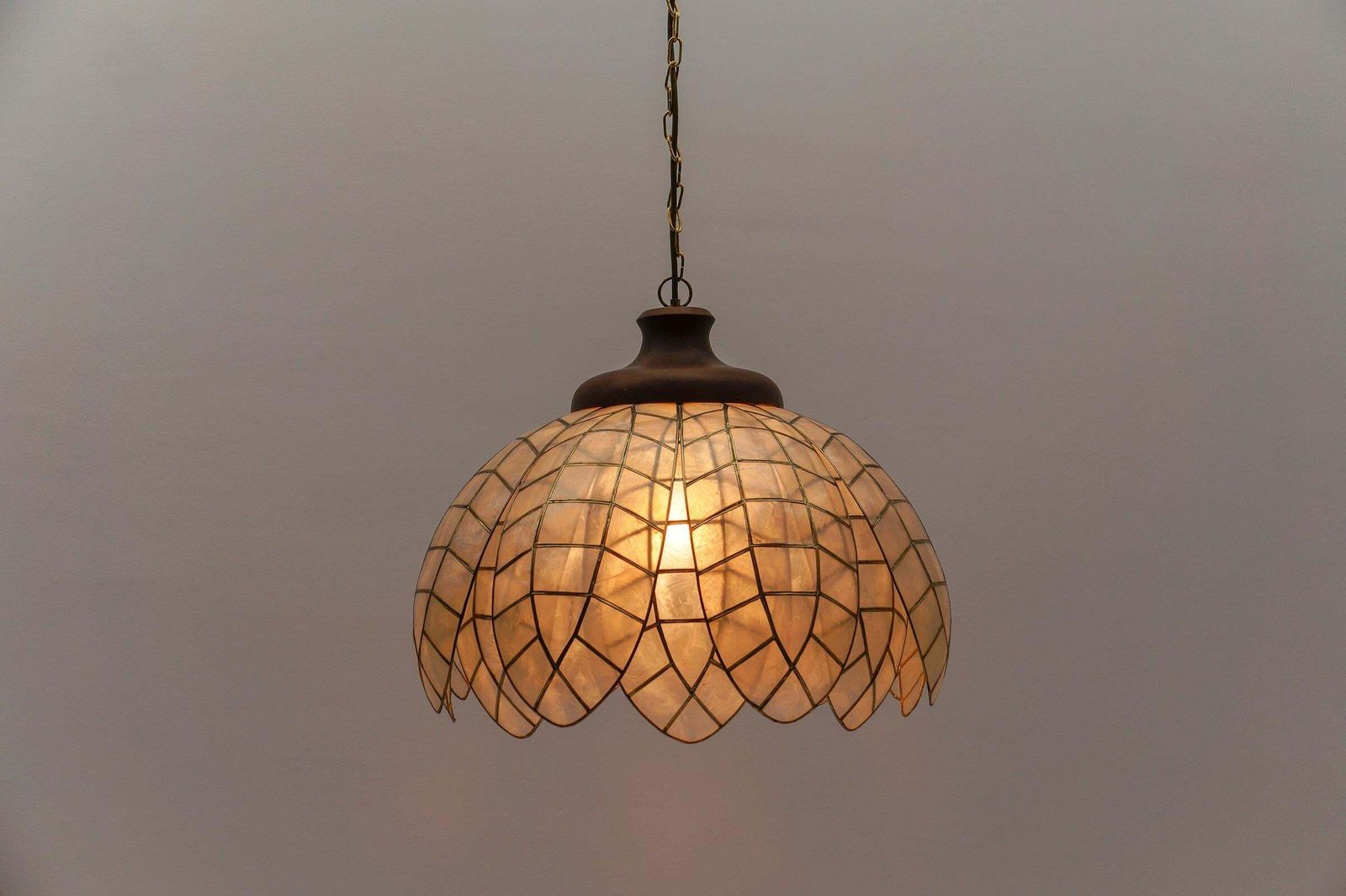 photo furniture Lovely Large Mother Of Pearl Leaf Ceiling Bell Lamp, Italy 1960s