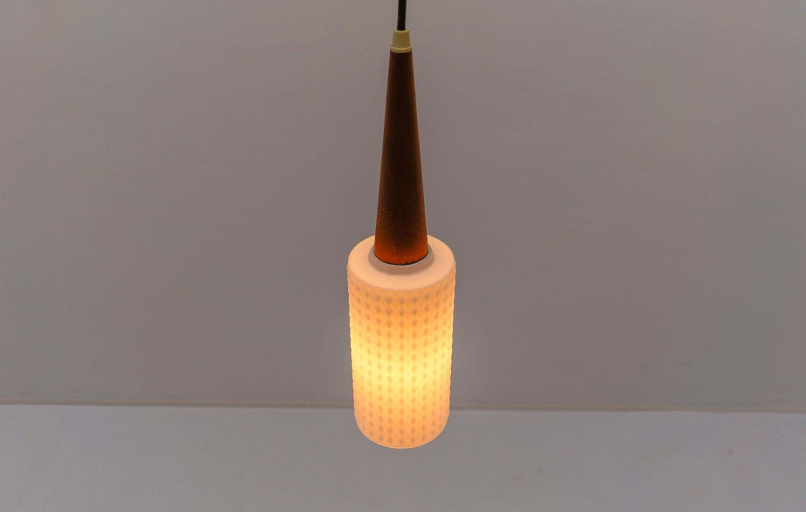 photo for sale Petite Cylindrical Ceiling Lamp With Teak Wood And Opaline Wood, 1960s