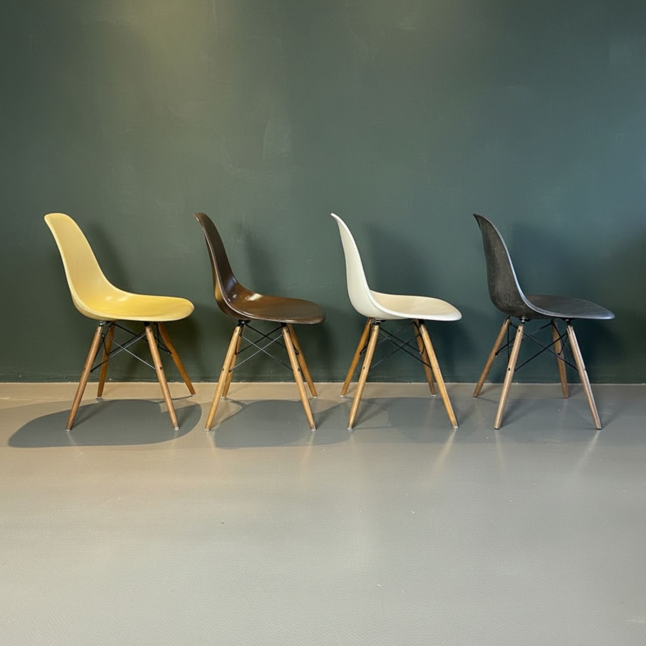 Eames Herman Miller Dsw Side Chairs In Parchment, Seal Brown, Lemon Yellow And Elephant Grey With Slight Imperfections photo furniture