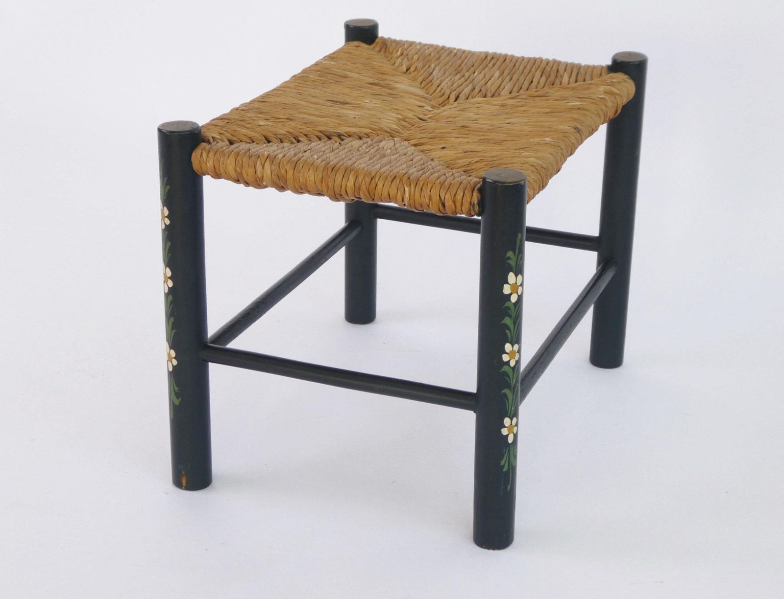 Small Vintage Rectangular Green Wooden Wicker Stool, Hand Painted Dutch Folk Art Plant Stand, Floral Bench photo vinterior