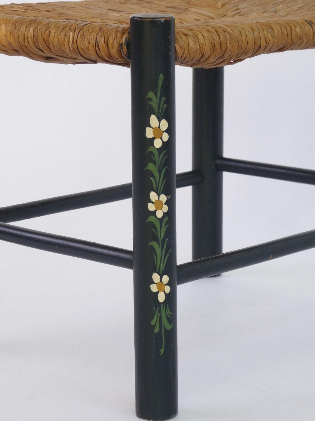 Small Vintage Rectangular Green Wooden Wicker Stool, Hand Painted Dutch Folk Art Plant Stand, Floral Bench photo buy