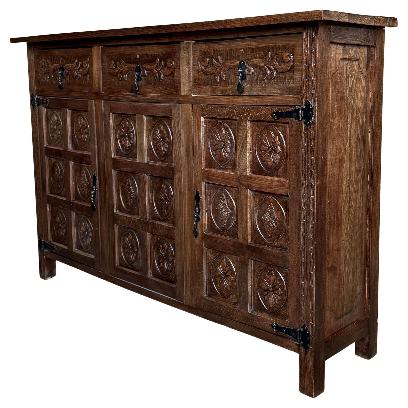19th Spanish Baroque Carved Walnut Tuscan Three Drawers Credenza Or Buffet