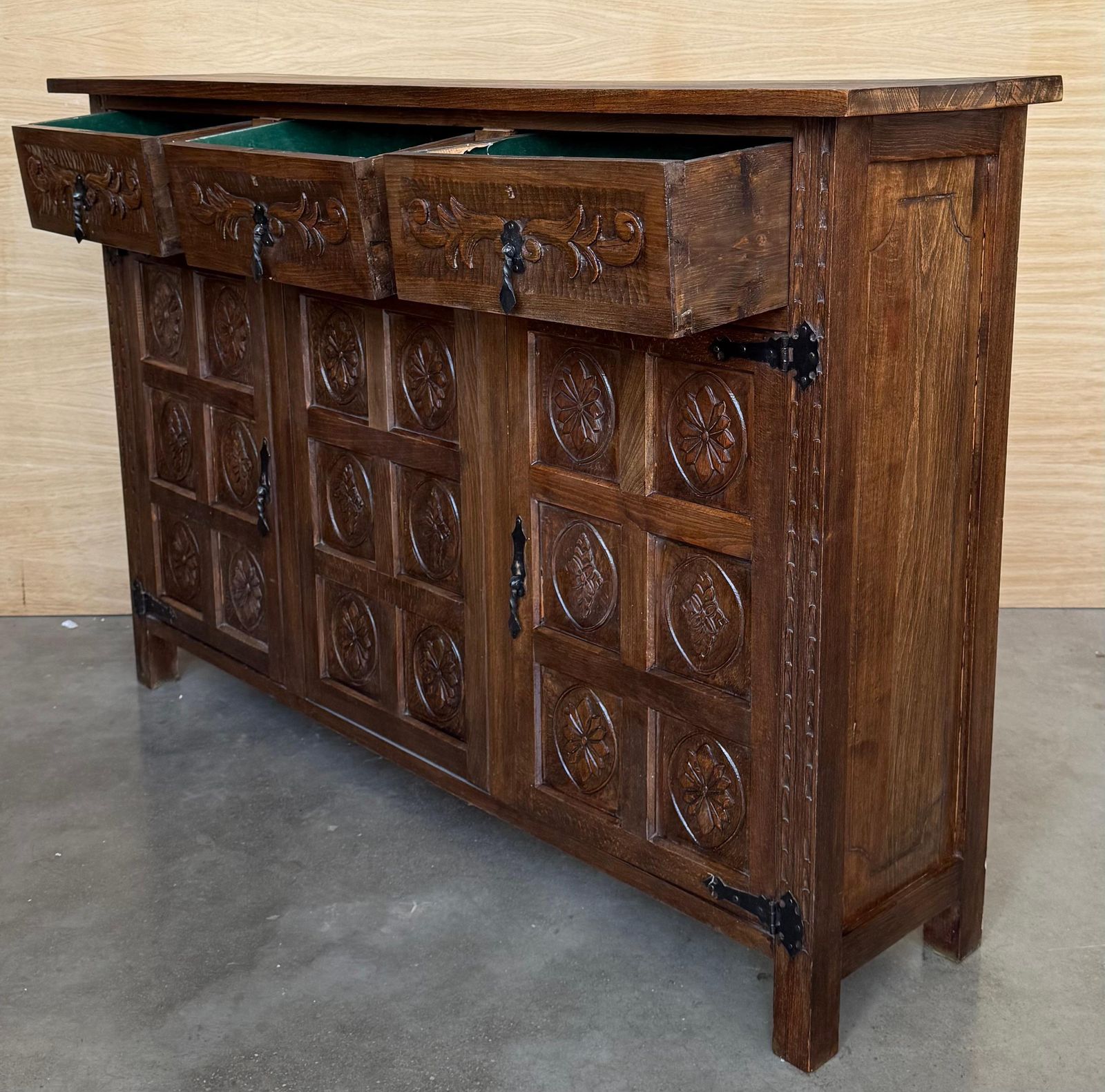 19th Spanish Baroque Carved Walnut Tuscan Three Drawers Credenza Or Buffet photo 5044.0