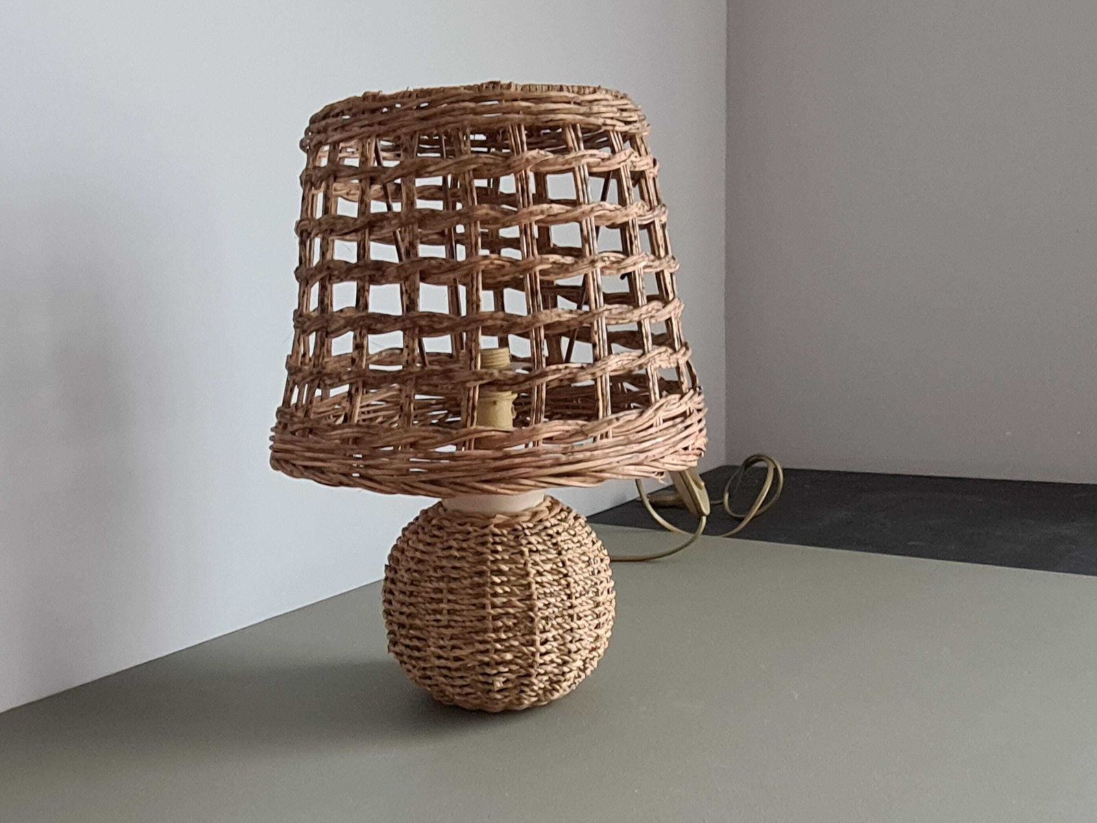 Vintage Wicker And Rattan Lamp – Natural Boho Lamp – Woven Lampshade – 1970s Wabi Sabi Decor – Mid Century photo Lighting