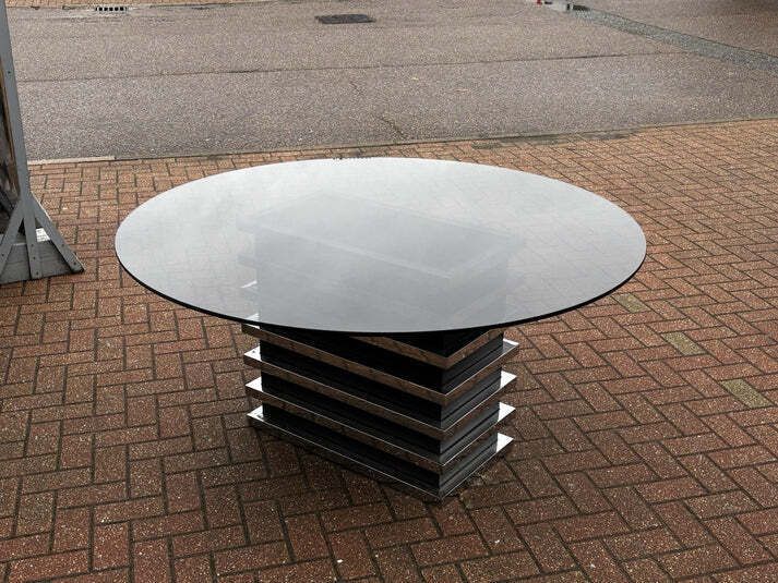 Mid Century 1970's Circular Dining Table Smoked Glass On Chrome Base photo for sale