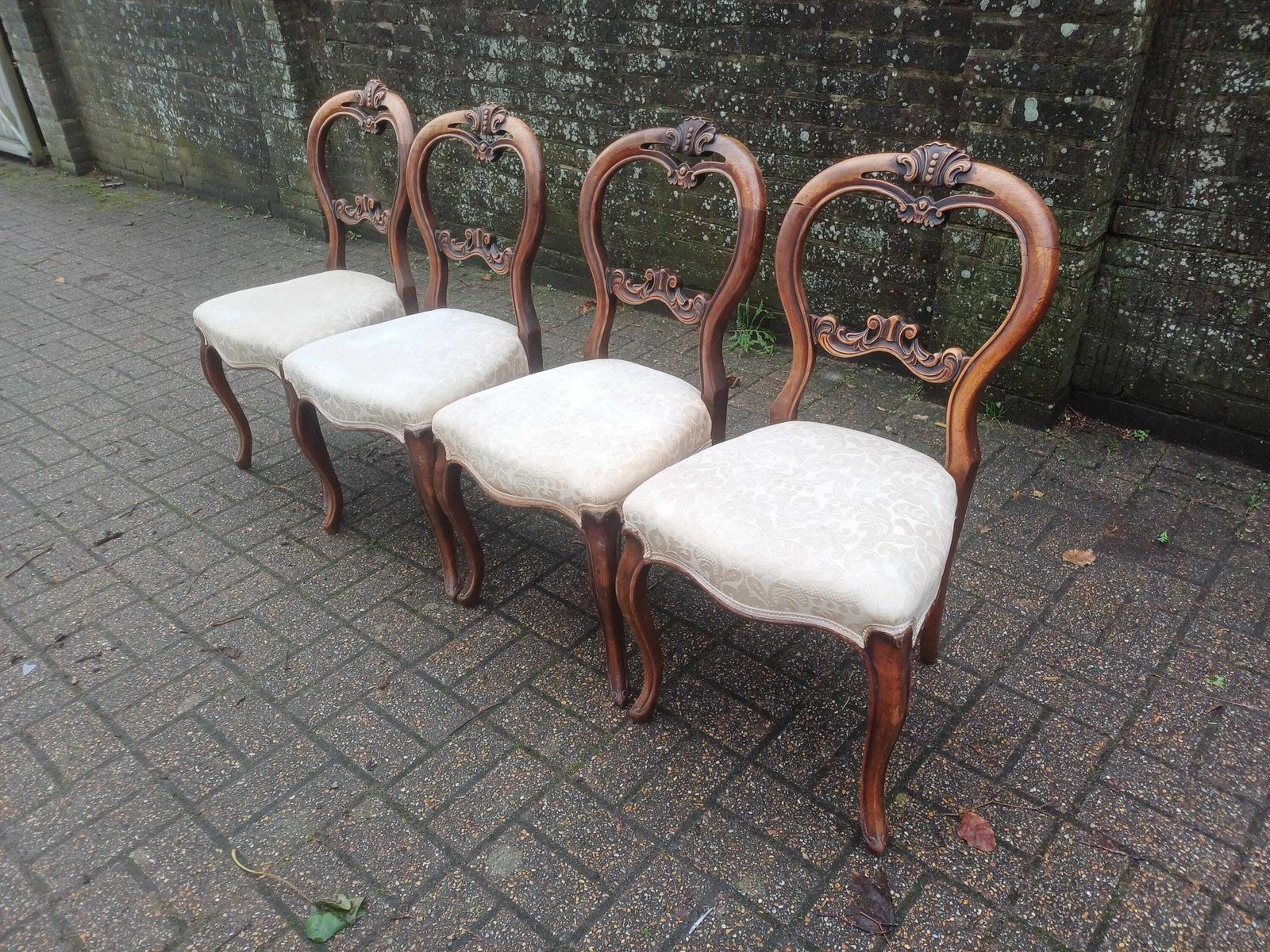 photo buy Set Of 4 Antique Mahogany Carved Dining Chairs, Upholstered Carved Backs, Vintage Louis Revival Style, Cream Floral Seats