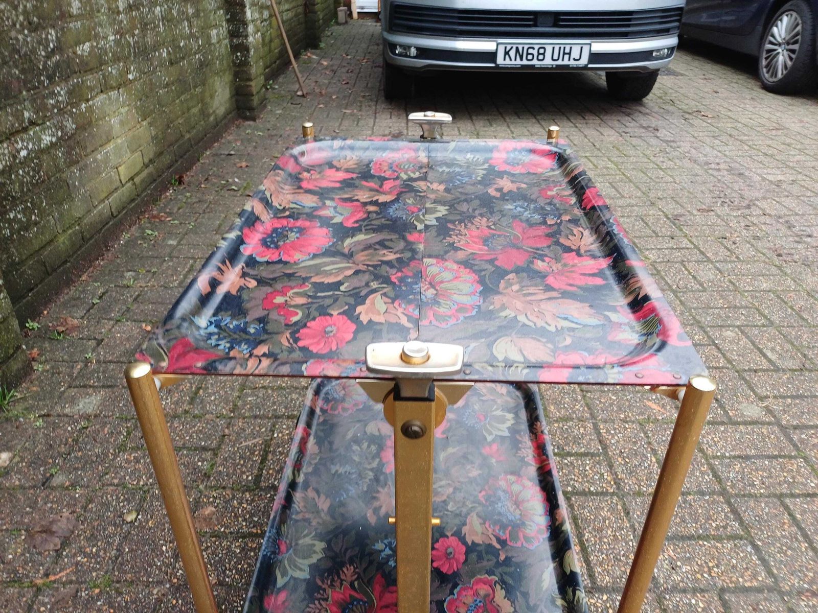 Vintage 1970s Kitsch Retro Folding Drinks Trolley Bar Cart Floral Formica Trays Gold Plated Frame Castors Side Table Display Saving Server photo buy