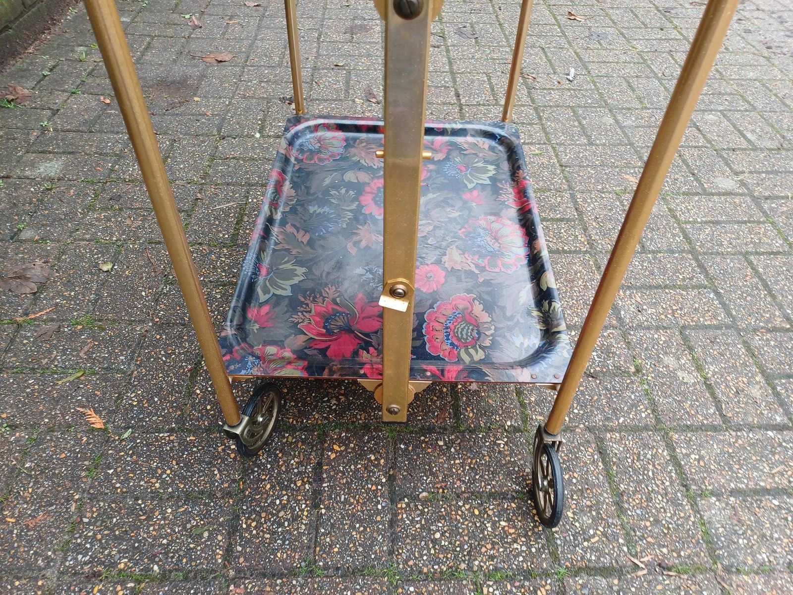 Vintage 1970s Kitsch Retro Folding Drinks Trolley Bar Cart Floral Formica Trays Gold Plated Frame Castors Side Table Display Saving Server photo vintage