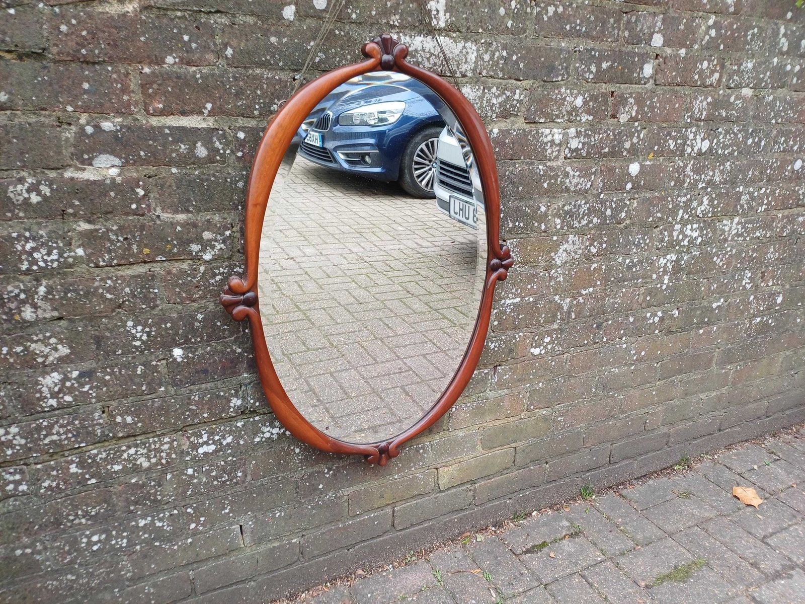 Large Unusual Late Victorian Mahogany Oval Wall Mirror Carved Frame, Wide Bevelled Glass, Elegant Antique Statement Piece photo for sale