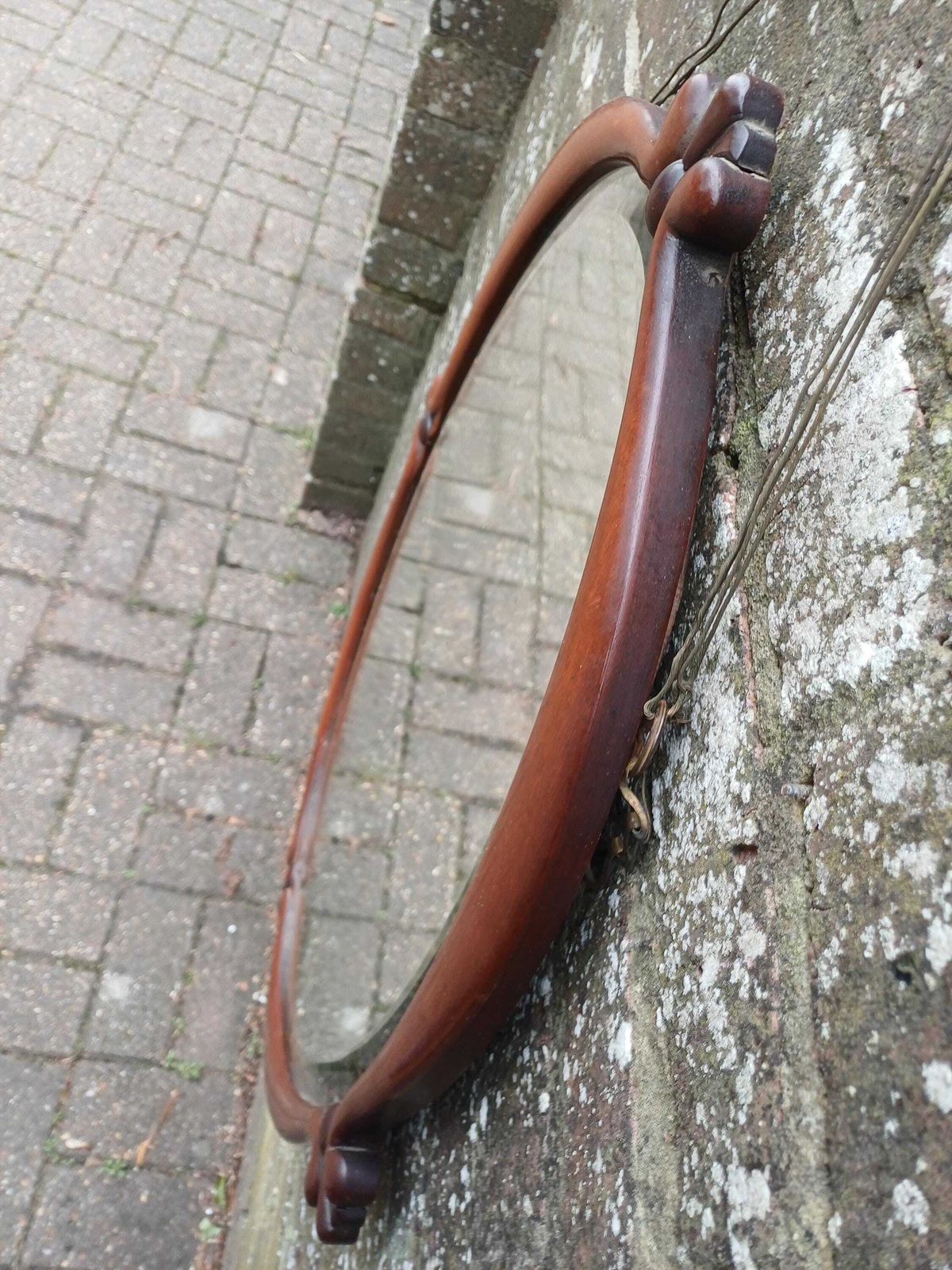 Large Unusual Late Victorian Mahogany Oval Wall Mirror Carved Frame, Wide Bevelled Glass, Elegant Antique Statement Piece photo vintage