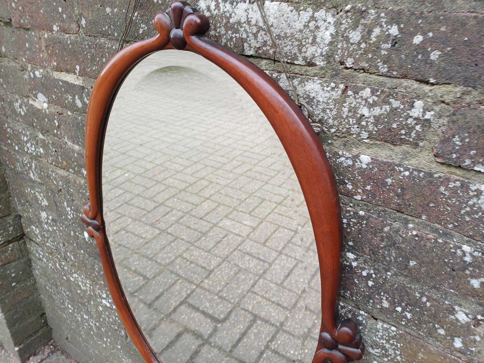 photo furniture Large Unusual Late Victorian Mahogany Oval Wall Mirror Carved Frame, Wide Bevelled Glass, Elegant Antique Statement Piece