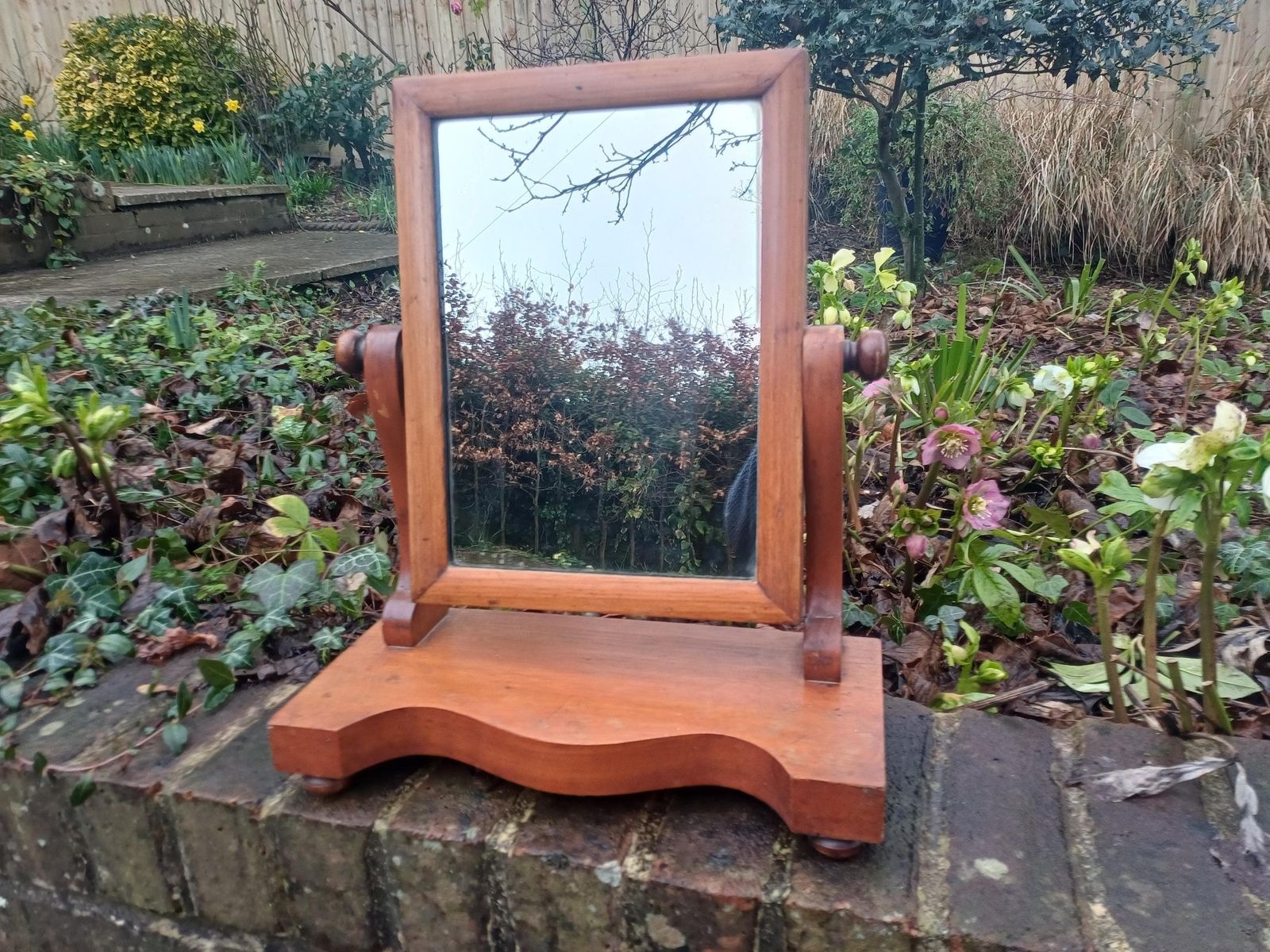 175.0 Late Victorian Dressing Table Mirror Antique Swing Shaving Mirror Polished Stripped Wood Tilt Adjustable Vanity Mirror Bun Feet photo