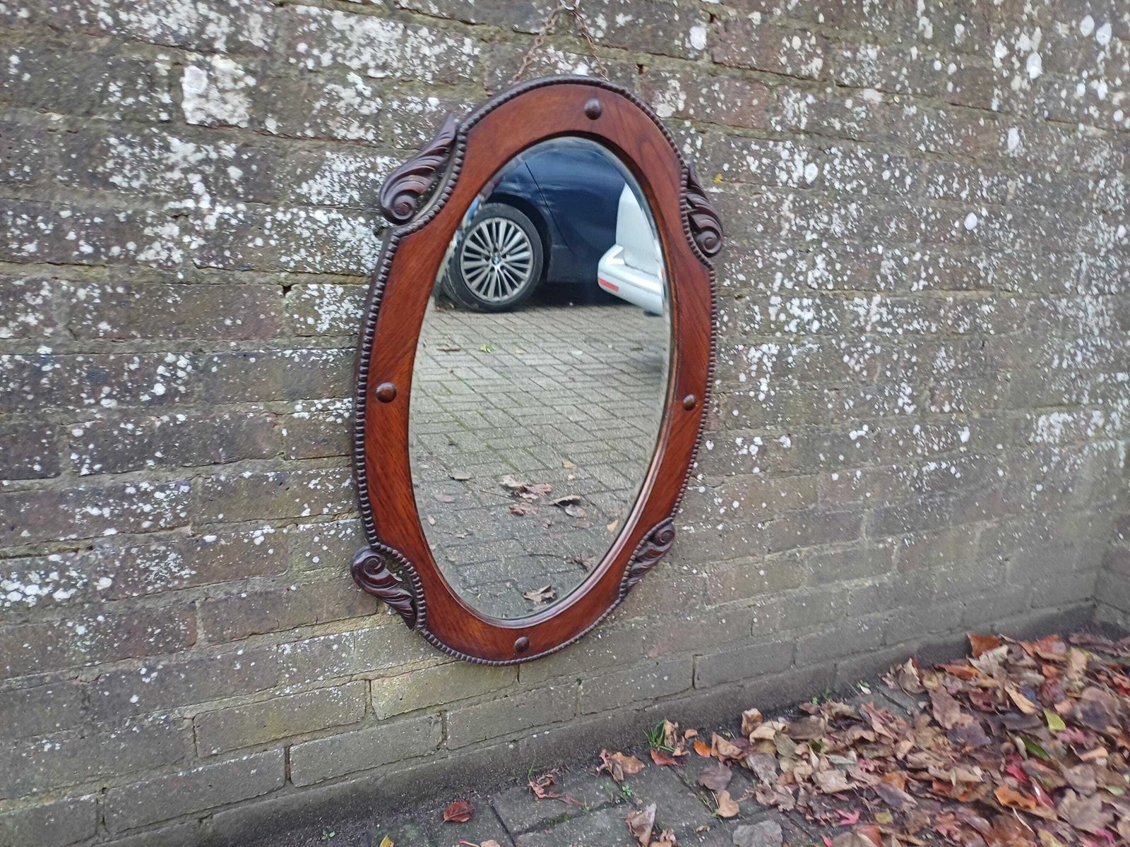 Antique 1920s Oak Oval Mirror Hand Carved Quarter Panels, Original Bevelled Glass & Chain Arts And Crafts Edwardian Wall Mirror photo buy