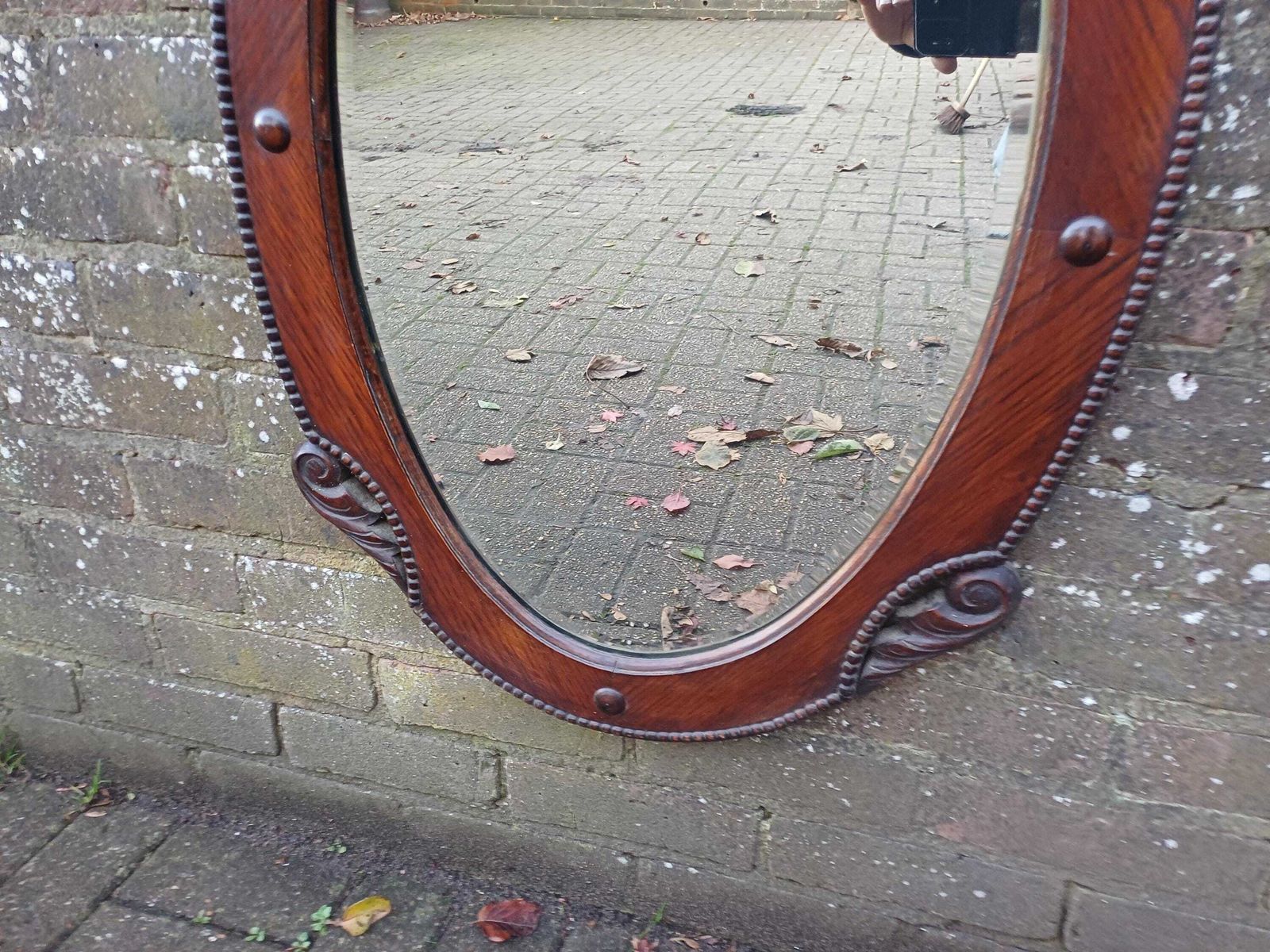 Home Decor Antique 1920s Oak Oval Mirror Hand Carved Quarter Panels, Original Bevelled Glass & Chain Arts And Crafts Edwardian Wall Mirror photo