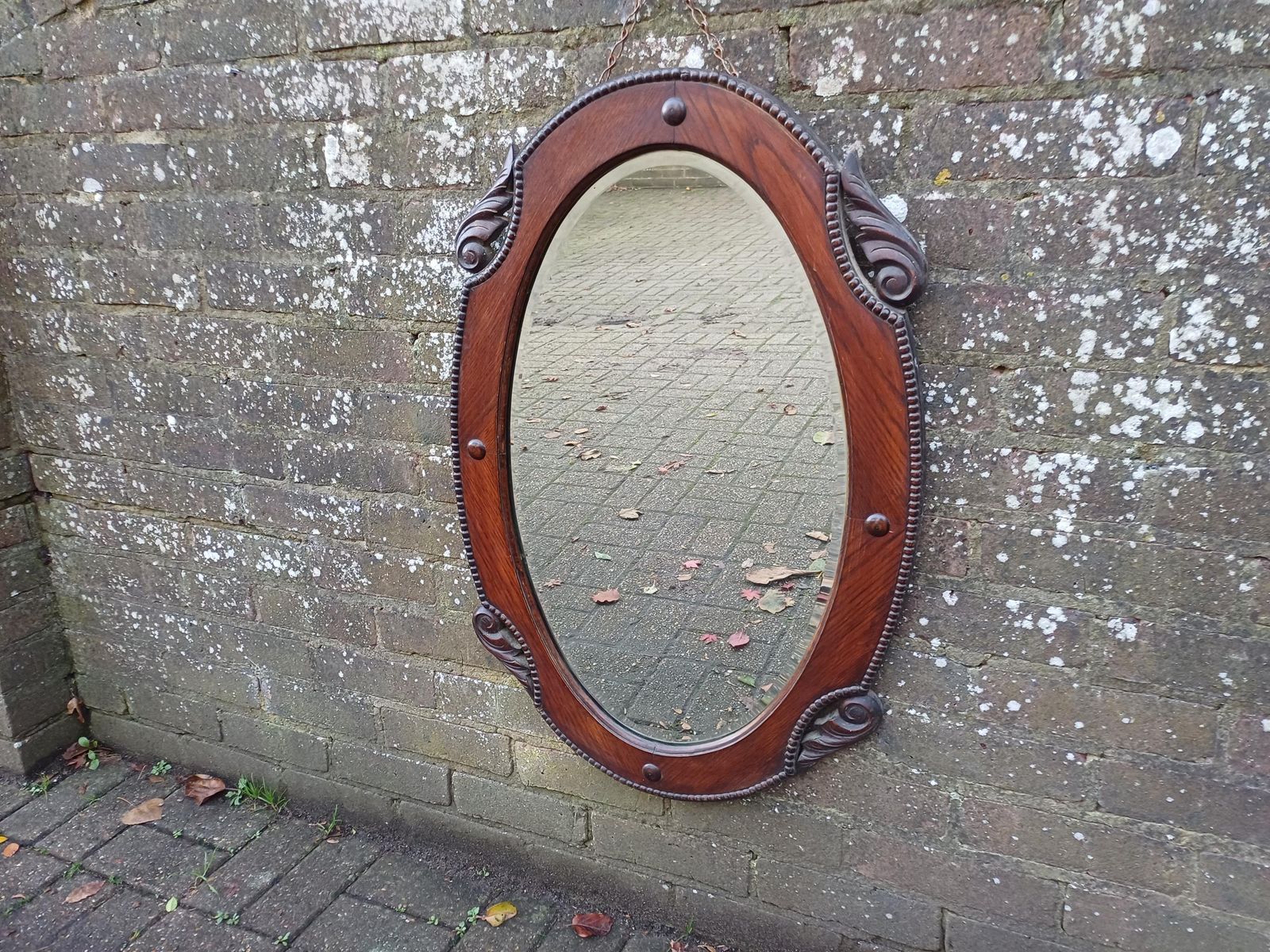 photo buy Antique 1920s Oak Oval Mirror Hand Carved Quarter Panels, Original Bevelled Glass & Chain Arts And Crafts Edwardian Wall Mirror