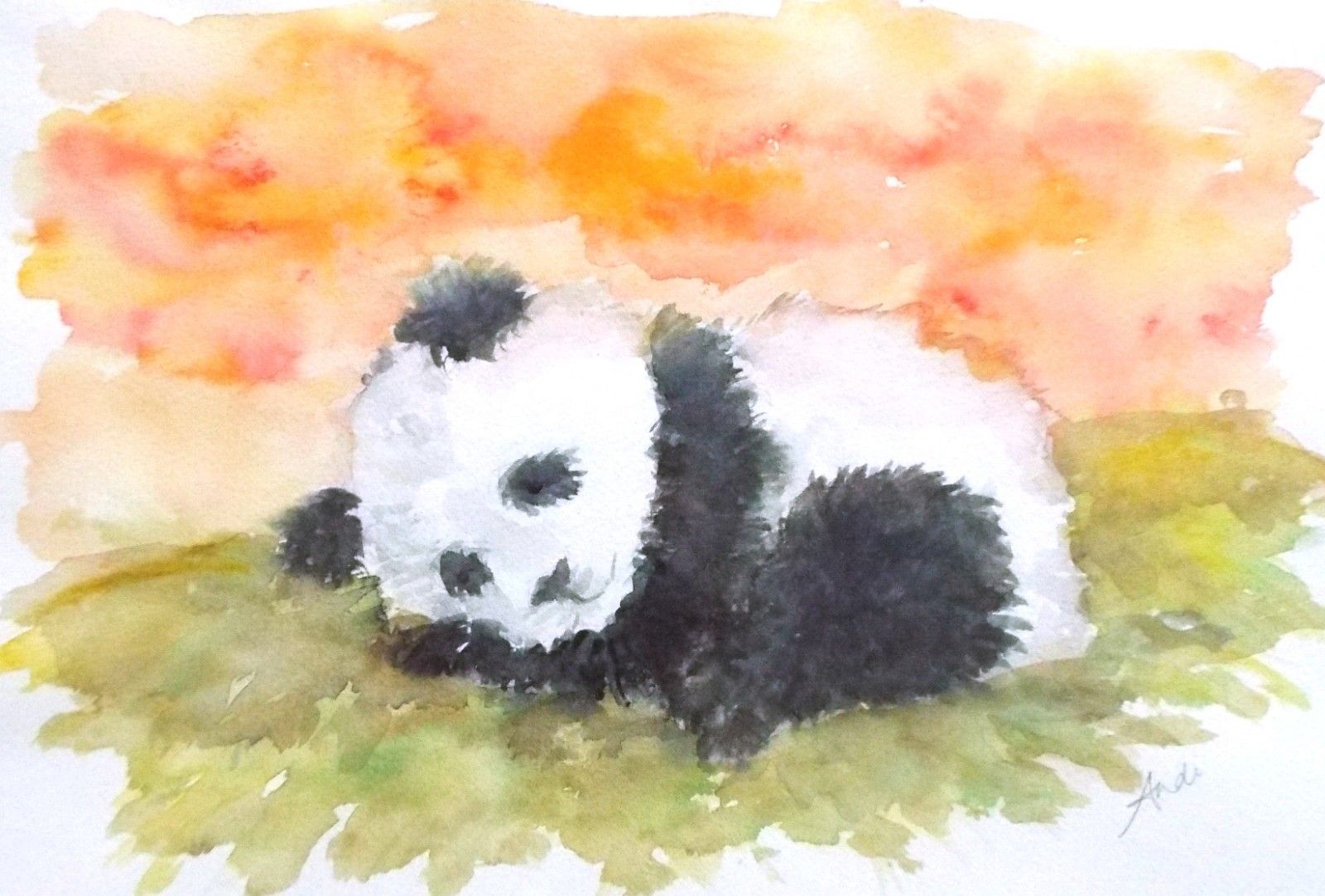 Sleeping Panda Sunset Illustration Original Watercolour Painting Andi J Lucas photo buy