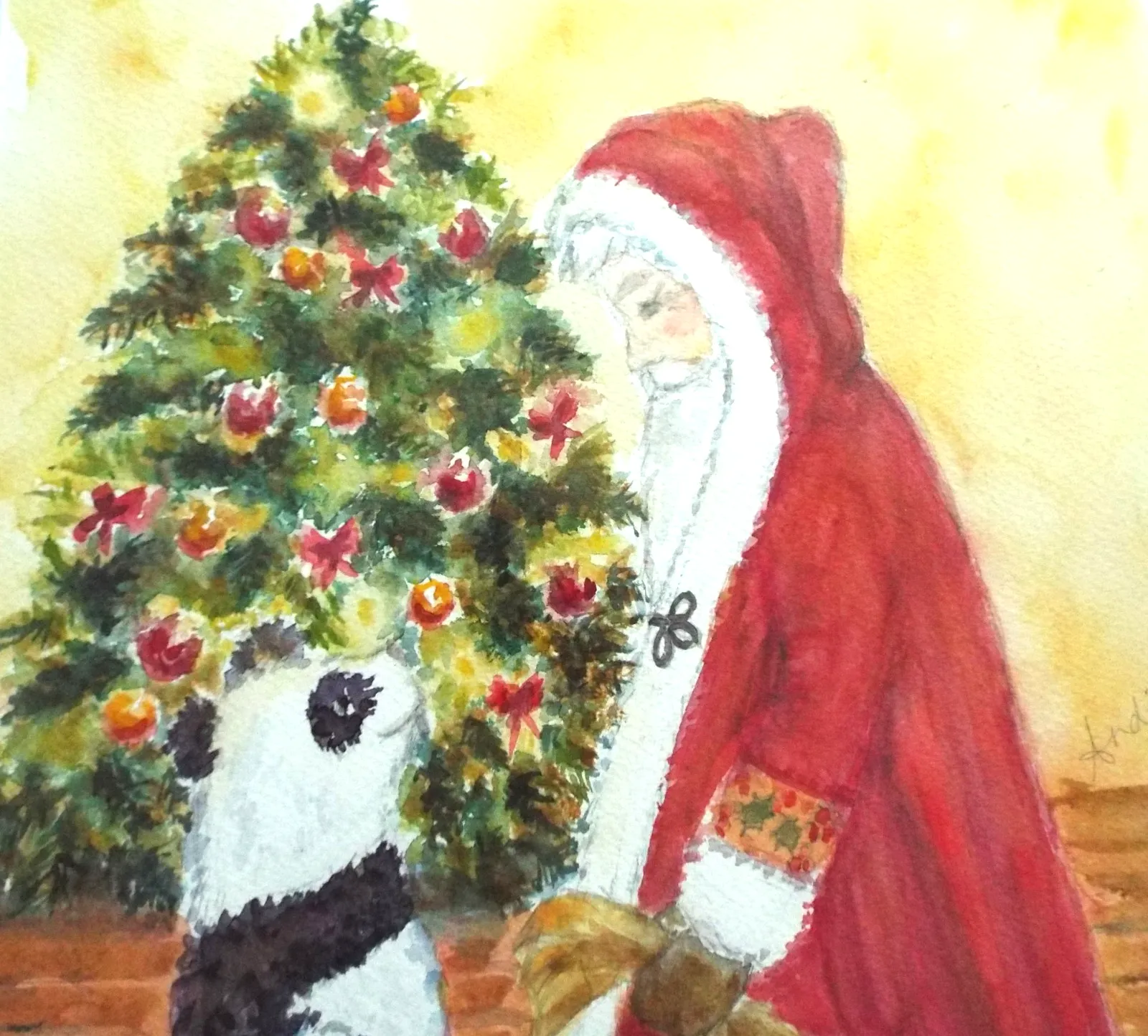 Panda & Father Christmas Llustration Original Watercolour Painting Andi Lucas photo 116.0
