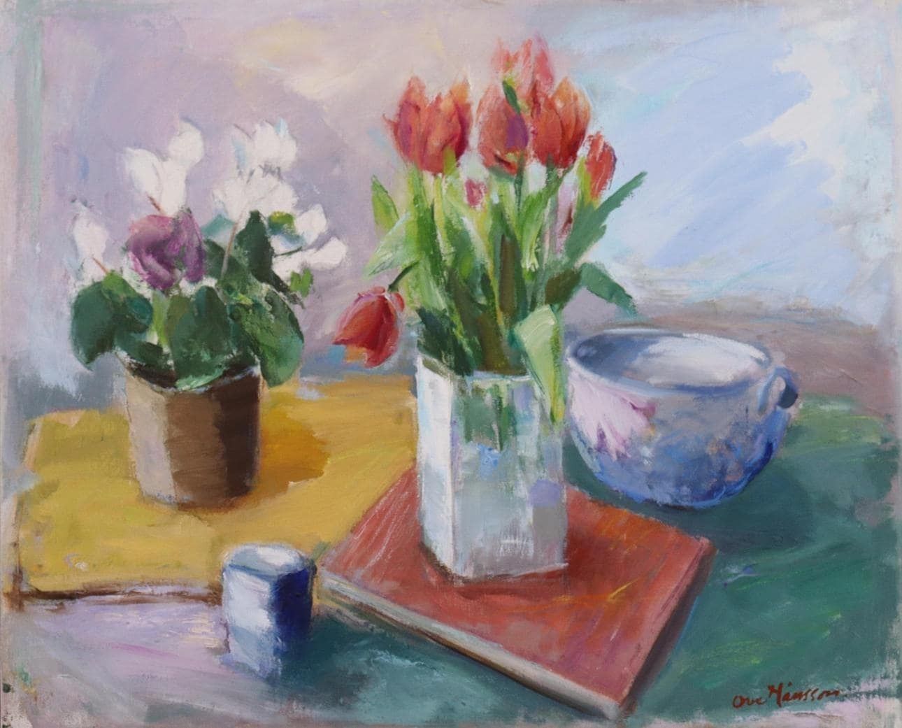 photo buy Original Mid Century Swedish Oil On Canvas – “Still Life With Tulips” By Ove Månsson – Vintage & Framed – 51 × 62 Cm (20.1" × 24.4")