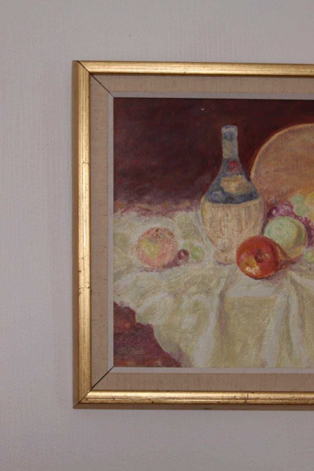 photo for sale Original Swedish Oil On Canvas – “Still Life With Fruit And Bottle” By A.K. – Vintage & Framed – 40 × 48 Cm (15.7" × 18.9")