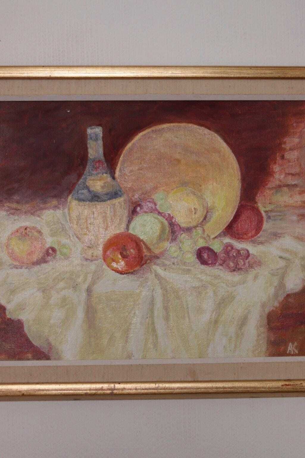 Art Original Swedish Oil On Canvas – “Still Life With Fruit And Bottle” By A.K. – Vintage & Framed – 40 × 48 Cm (15.7" × 18.9") photo