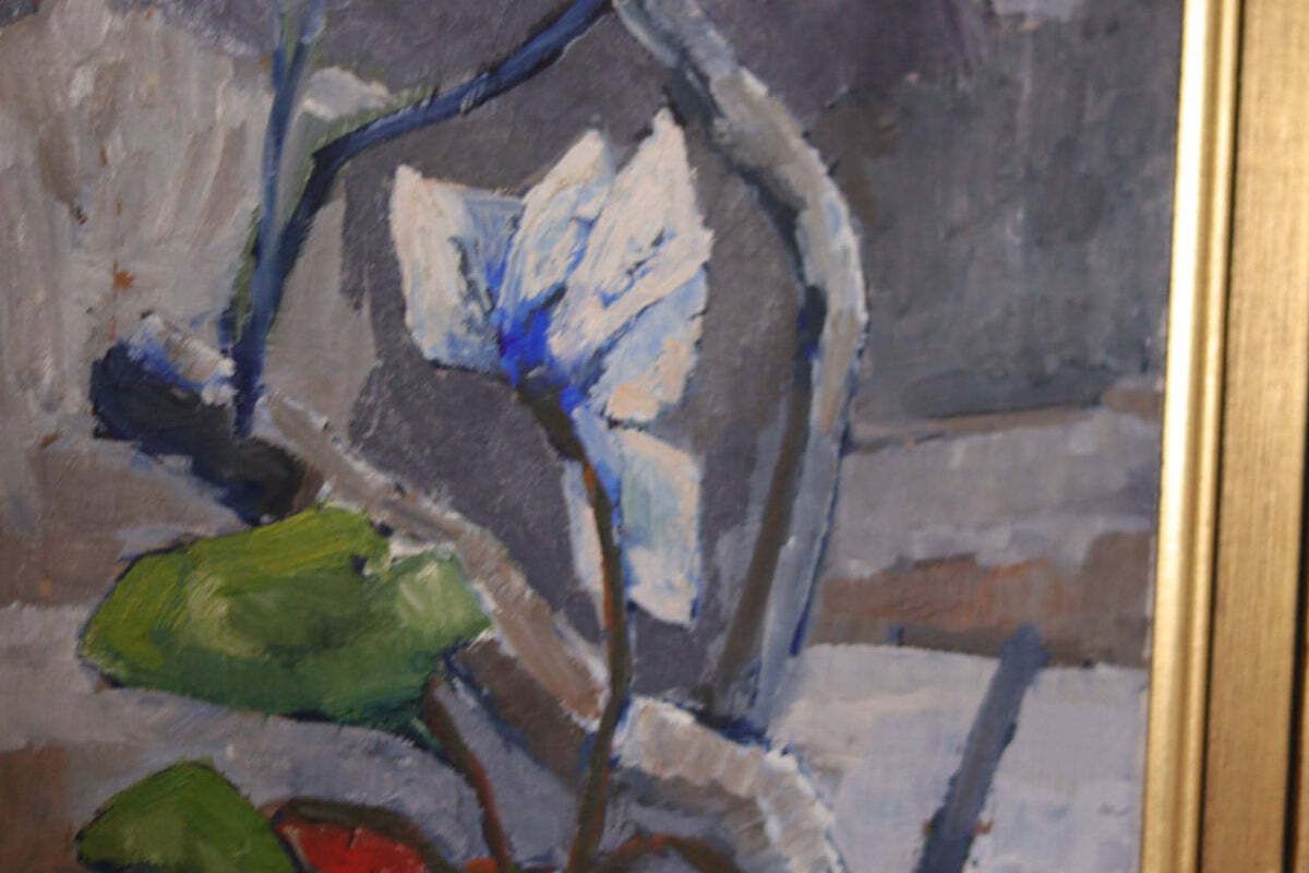 photo furniture Original Swedish Oil On Canvas – “Winter Cyclamen” By Majken Bergvin (1922–2012) –1965 – Vintage & Framed – 62 × 43 Cm (24.4" × 16.9")