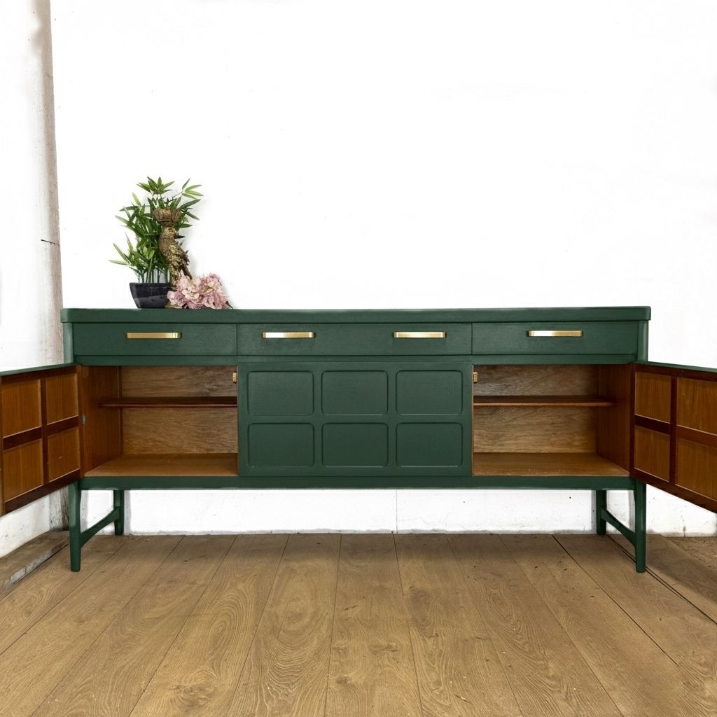 Painted To Order Large Refinished Nathan Sideboard With Drinks Section, Deep Green, Mid Century Modern photo Furniture