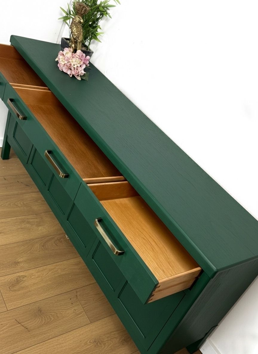 Painted To Order Large Refinished Nathan Sideboard With Drinks Section, Deep Green, Mid Century Modern photo vintage