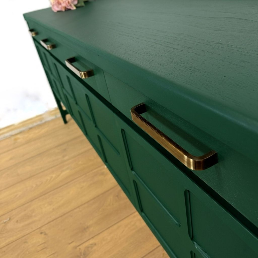 photo furniture Painted To Order Large Refinished Nathan Sideboard With Drinks Section, Deep Green, Mid Century Modern