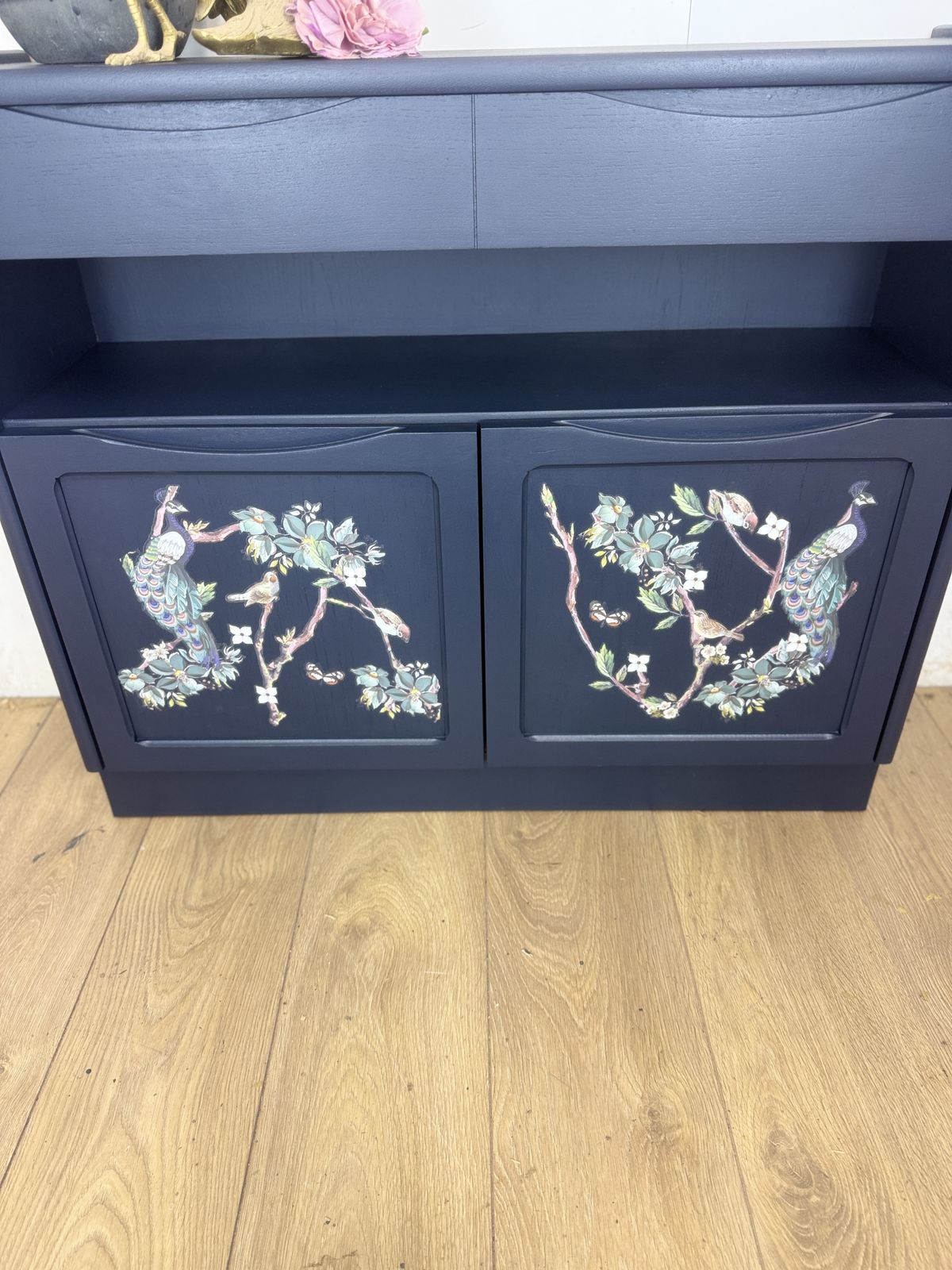 Rare Refinished Slimline Nathan Sideboard In Navy Blue With Floral Bird / Peacock Design, Narrow photo for sale